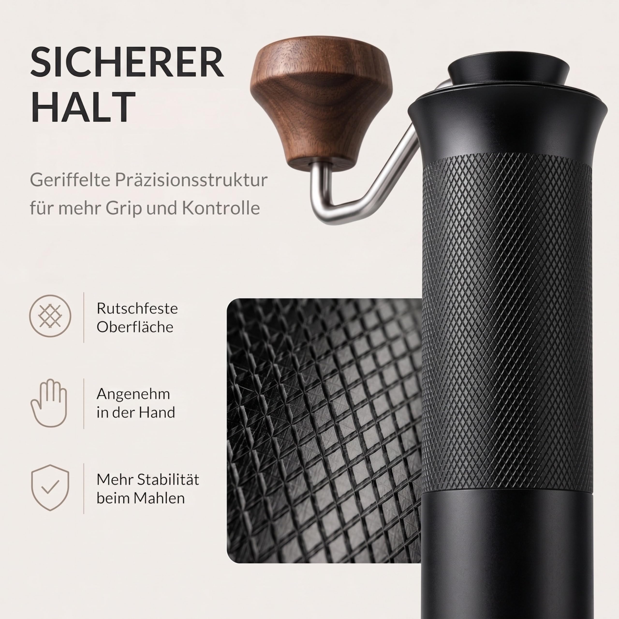 Thiru Handkaffeemühle manuell, Testsieger 2026*, Edelstahl-Kegelmahlwerk mit 60 Mahlgraden & Doppellager – Espresso mit Crema, Filterkaffee & French Press, Holzgriff & 2 Glasbehälter (Walnussgriff)