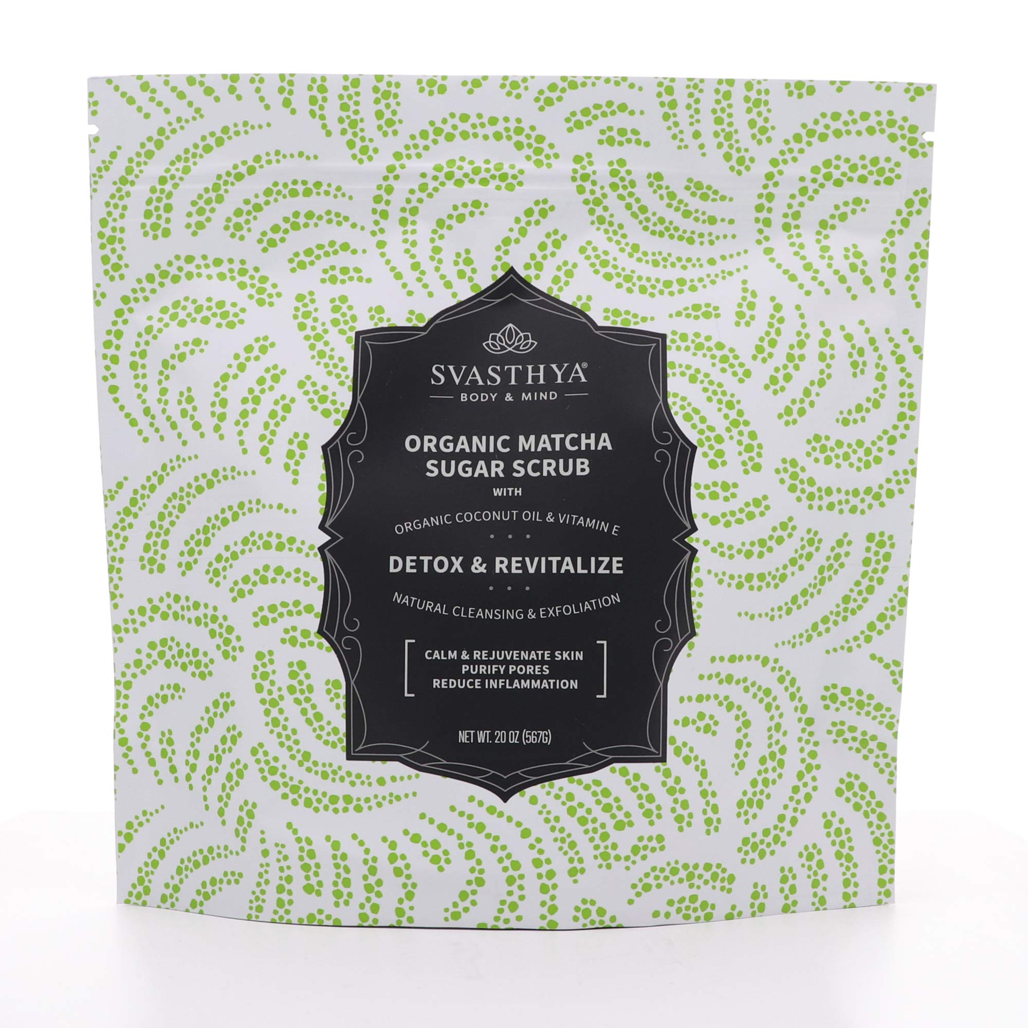 SVASTHYA BODY & MIND Organic Matcha Sugar Scrub - Skin Detox by Eliminating Toxins, Exfoliate & Moisturize The Skin, Cane Sugar, Vitamin E, Almond & Coconut Oil - VEGAN, Made In The USA, 20 oz
