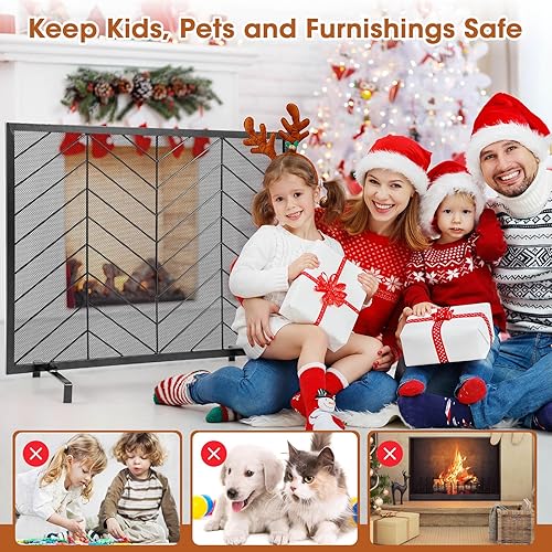 Miniatura 3 de Tangkula Pantalla de chimenea de un solo panel, protector de chispas de metal forjado, cubierta de chimenea de malla decorativa para sala de estar,
