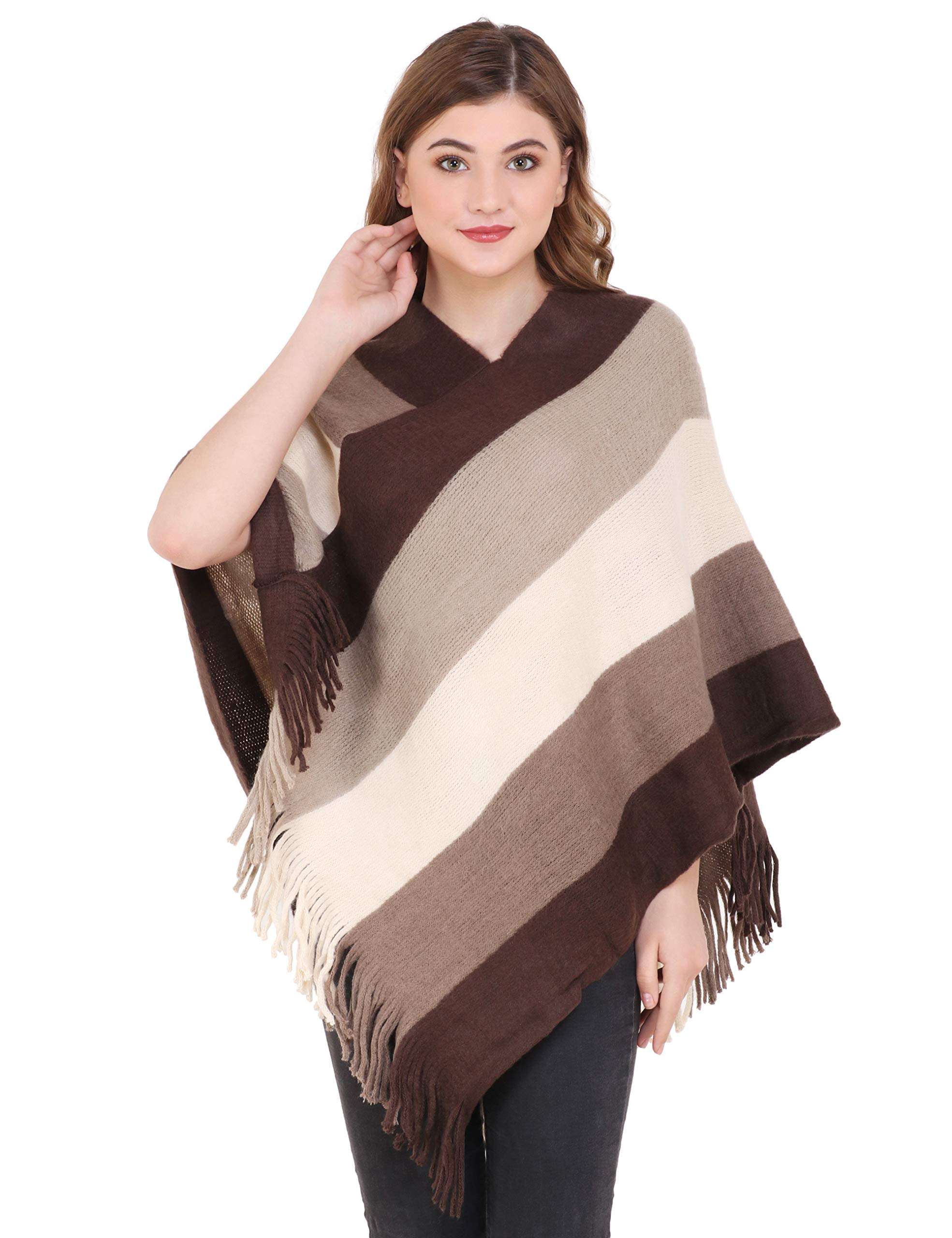 manra Women's Plain/Solid Kashmiri Strip Poncho (Brown; Free Size)-picture-27