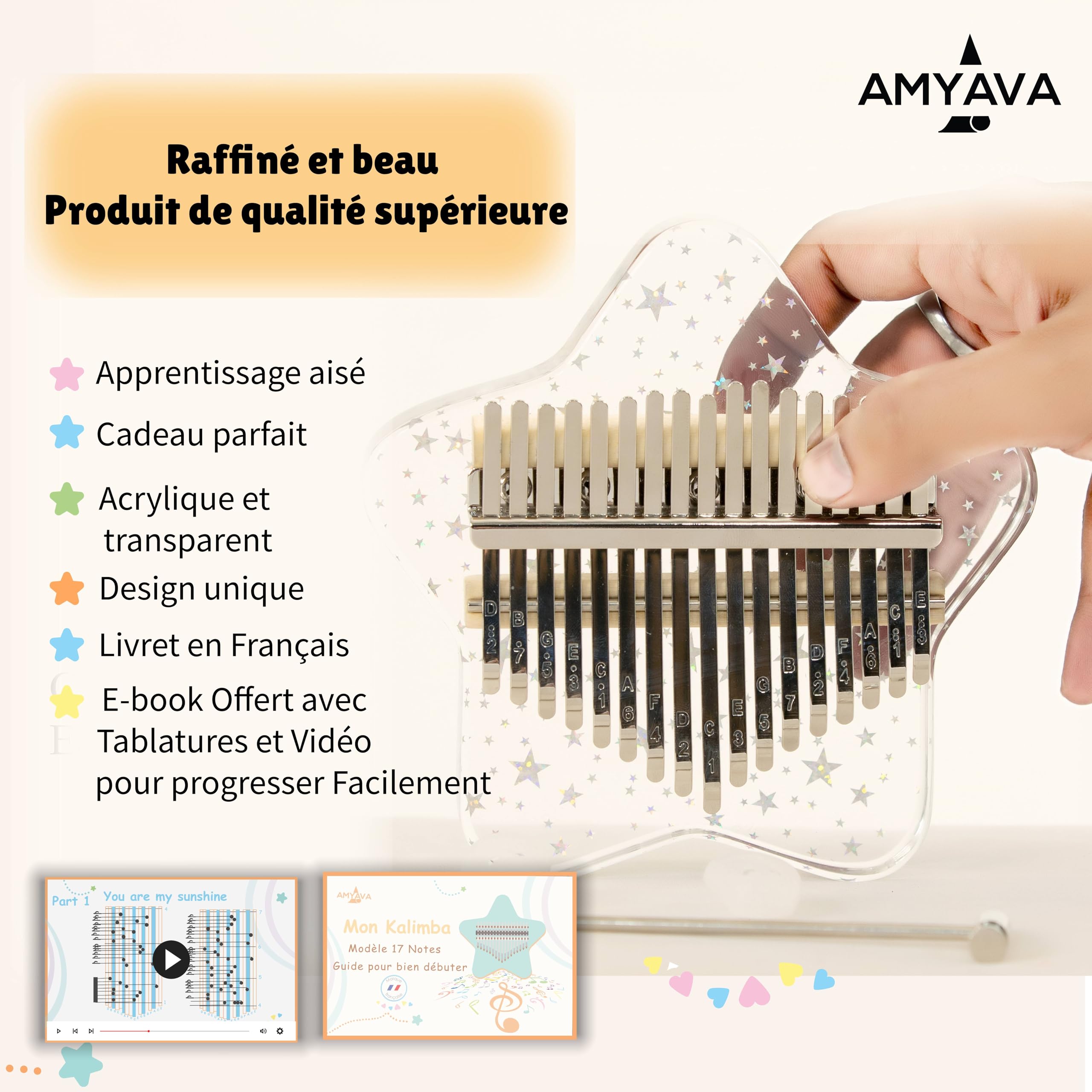 Kalimba 17 touches en Cristal Acrylique, Instruments de Musique portables Mbira, joli Cadeau Musical-Coffret Complet Incluant Ebook et instructions en Français pour Enfants et Adultes débutants.