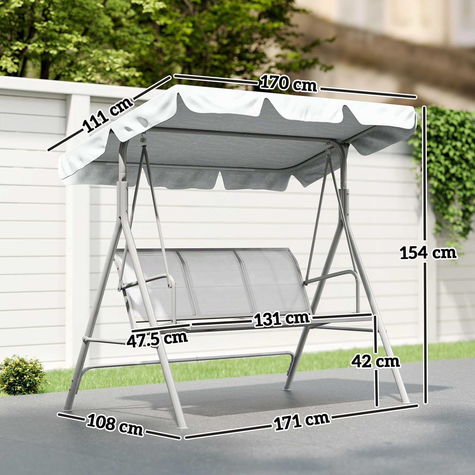 Outsunny Balancelle de Jardin 3 Places Grand Confort Toit Imperméable Gris
