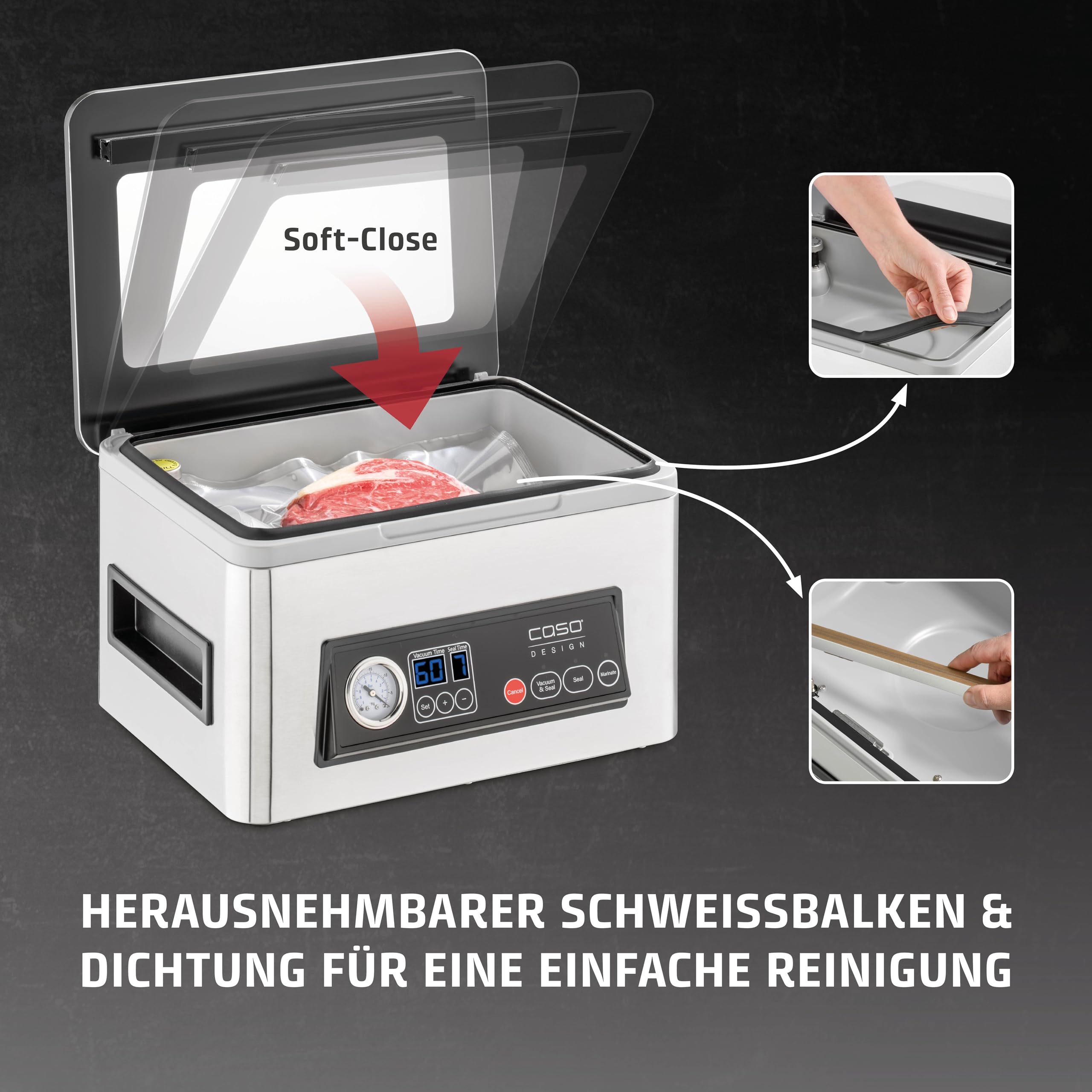 CASO VacuChef 50 Vakuumierer 70 l/min 4 l Kammervolumen doppelte Schweißnaht inkl. 30 Siegelrandbeutel