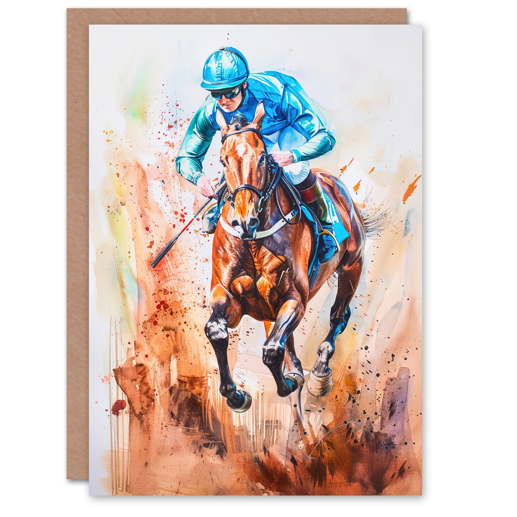 Artery8 Greeting Card Jockey Horse Racing Ascot Derby Watercolour Blank For All Him Or Her Art Birthday Card