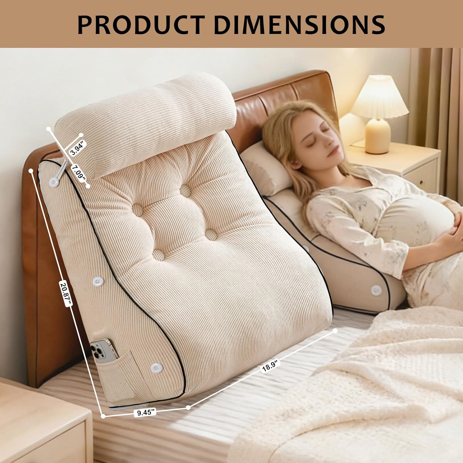 Wedge Pillow – Reading & Bed Rest Pillow for Sitting in Bed, Couch, or Floor, Multi-Purpose Headboard Wedge for Sleeping, After Surgery, Leg & Back Support, Neck Cushion & Washable Cover, Beige