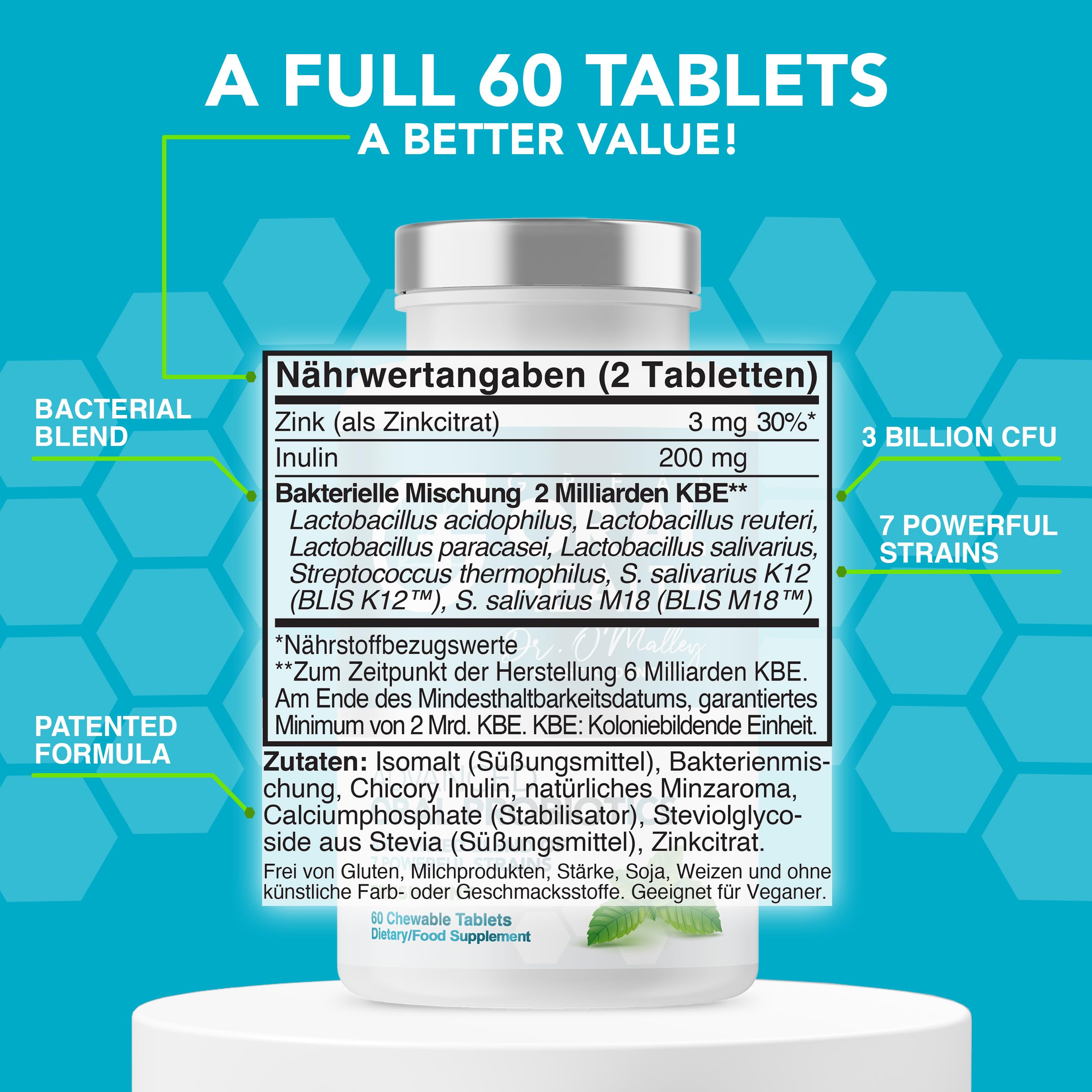 Orale Probiotika gegen Mundgeruch für Erwachsene: Zahnärztlich formulierte Probiotika für Zähne und Zahnfleisch mit BLIS K12 und M18-60 kaubare Tabletten für die Mundgesundheit, Minzgeschmack