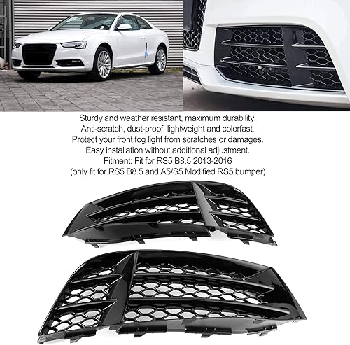 Miniatura 5 de Qiilu Parachoques para parrilla de luz antiniebla, par de rejilla de luz antiniebla de malla negra brillante para RS5 B8.5 20132016
