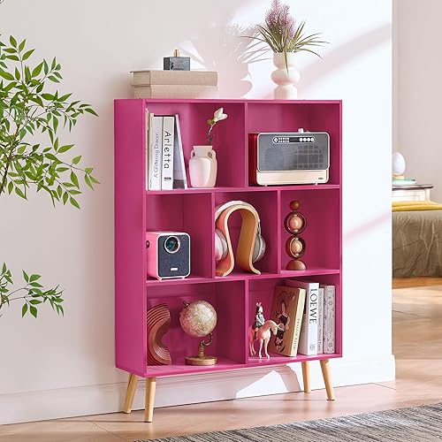 Miniatura 6 de LEYAOYAO Estantería de 7 cubos, estantería de 3 niveles con patas, estantería moderna rosa, estantería moderna de juguete abierto grande, libreros