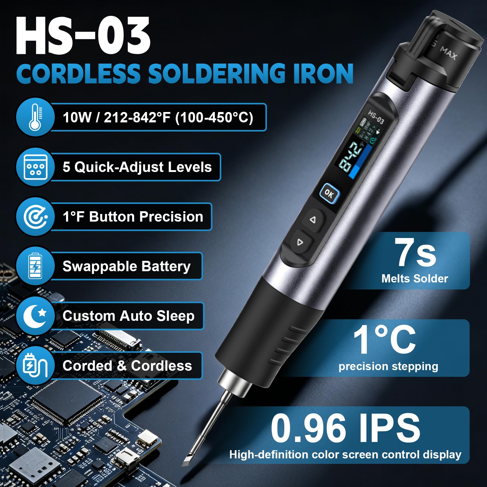 Set di Saldatore HS-03 Senza Fili, Set di Saldatore Ricaricabile a 5 Velocità con Temperatura Controllata, Pre-Impostato 7S, 250℃-450℃, Batteria da 2600mAh con 3 Punte di Saldatura per Riparazioni di
