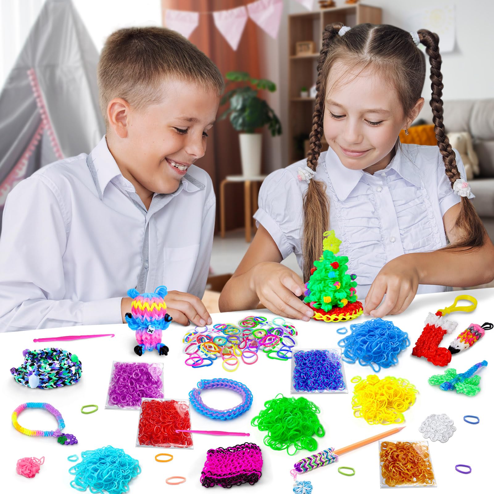 ROSHUKG Zestaw 7500 gumek, 36 kolorów Loom Bands zestaw uzupełniający dla dziewcząt tkanie DIY rękodzieło prezent