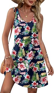 OFEEFAN Women's 2025 V-Neck Sleeveless Summer Sundress with Pockets - Floral/Plain Loose Fit Beach Vacation Dress