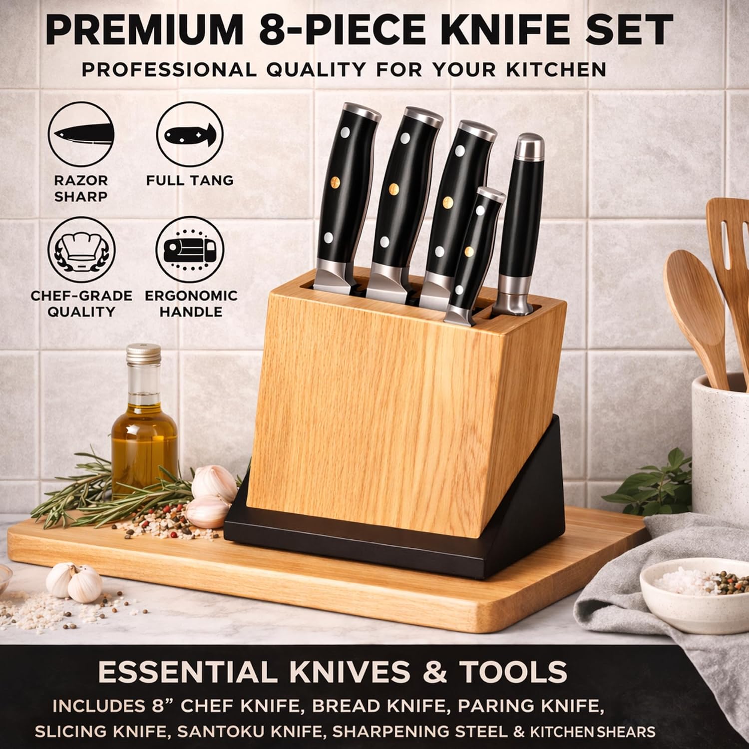Knife Set, 8PCS Kitchen Knives Set with Ultra Sharp, German Stainless Steel, Non-Slip Ergonomic Handles, Includes Kitchen Shears, Ideal for Cooking, Chopping & Slicing