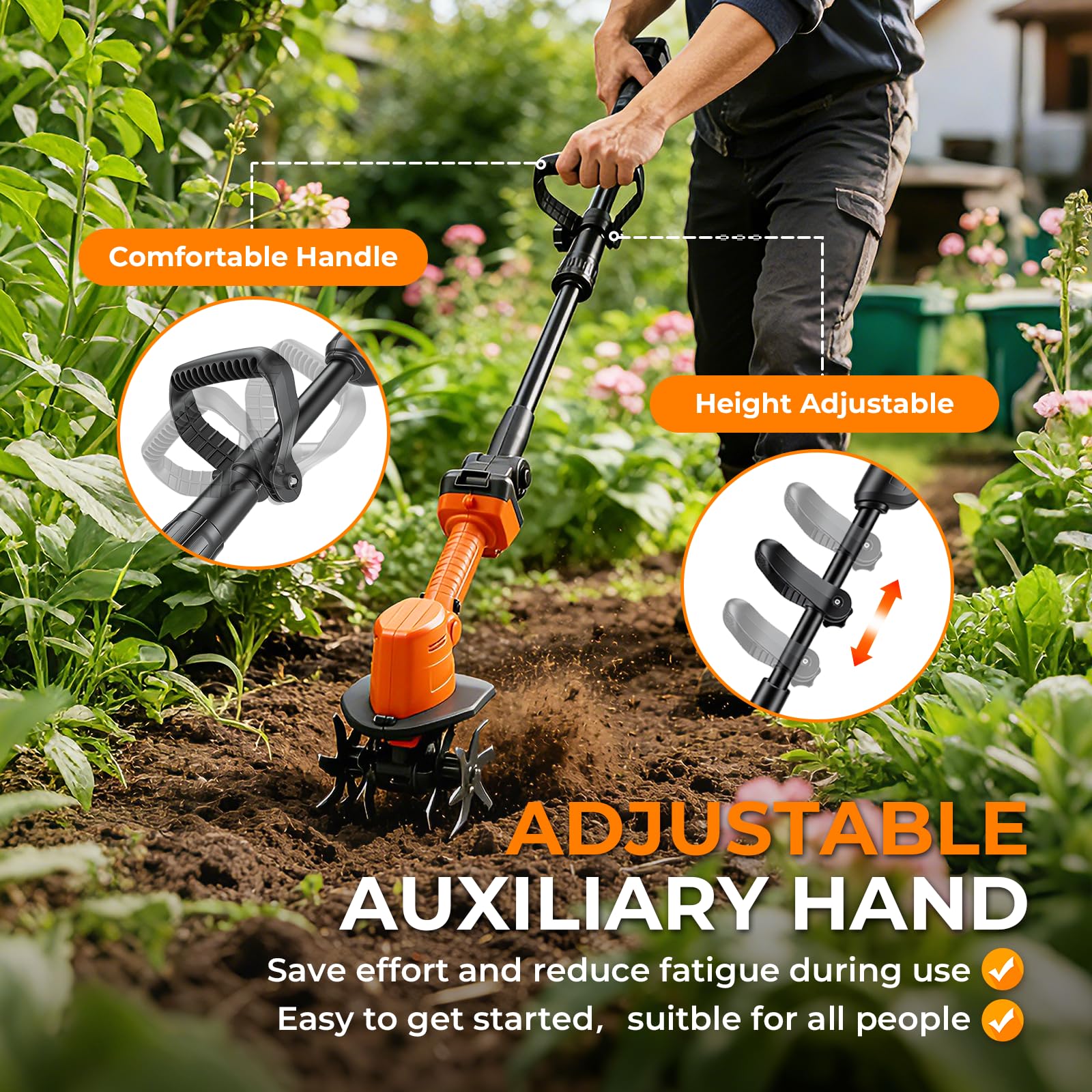 2 in 1 Akku-Bodenhacke, 21V Gartenfräse Elektrisch mit 2 * 1500mAh Akkus, Mikro Gartenfräse mit 1.3m Zusatzhandgriff (4 Metallmesser 10cm Arbeitsbreite 10cm Arbeitstiefe 235 U/min Drehzahl)