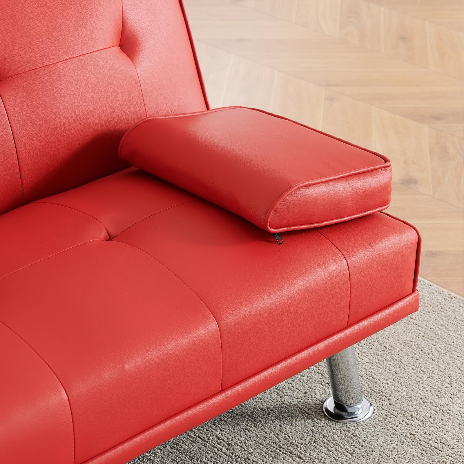 70" Futon Sofa Bed,Convertible Folding Futon Couch with Coffee Table | Multifunctional 3 Adjustable Reclining Sleeper Sofa, Small Leather Couch for Living Room/Bedroom Small Spaces (Red)
