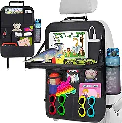 Organizador de banco traseiro de carro, organizador de armazenamento com bandeja de mesa dobrável e suporte para tablet, 11 bolsos de armazenamento, protetor de assento traseiro para crianças