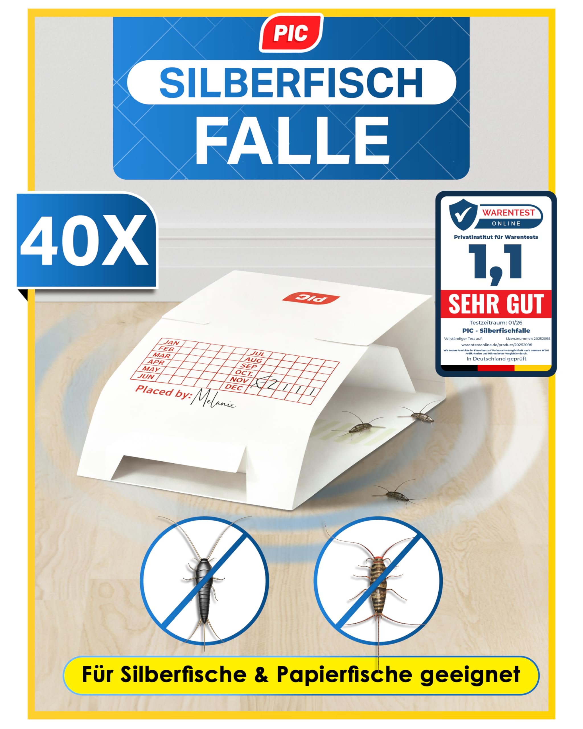 PIC Silberfischfalle 10x4 – Silberfische bekämpfen & Papierfische bekämpfen – Giftfreies Mittel gegen Silberfische – Silberfisch Falle mit starkem Kleber – Ohne Insektizide & geruchlos