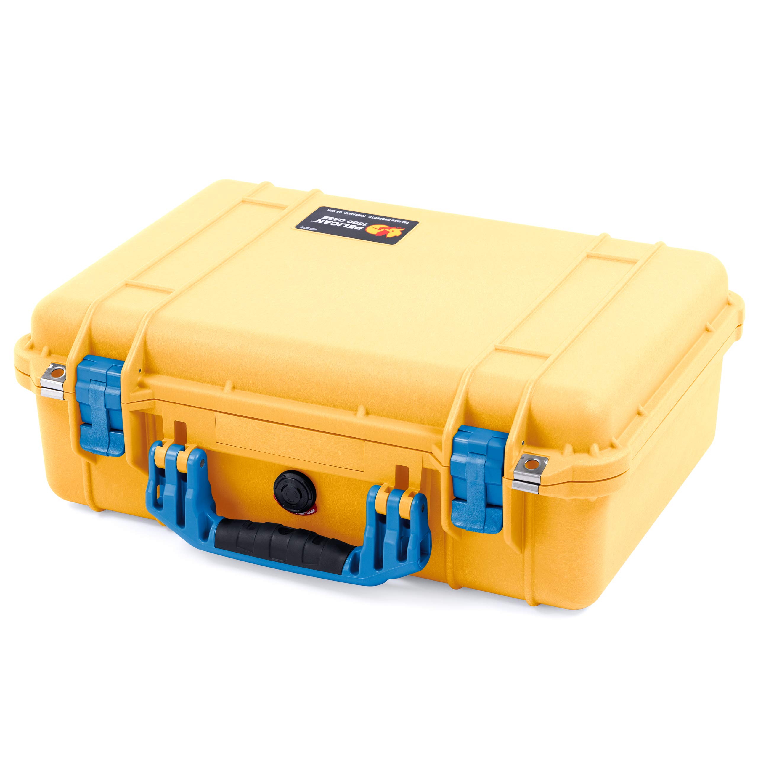 ColorCase Pelican 1500 Case Yellow - Medium Size Waterproof Case with Mesh Lid Organizer Only - Blue Handles & Latches