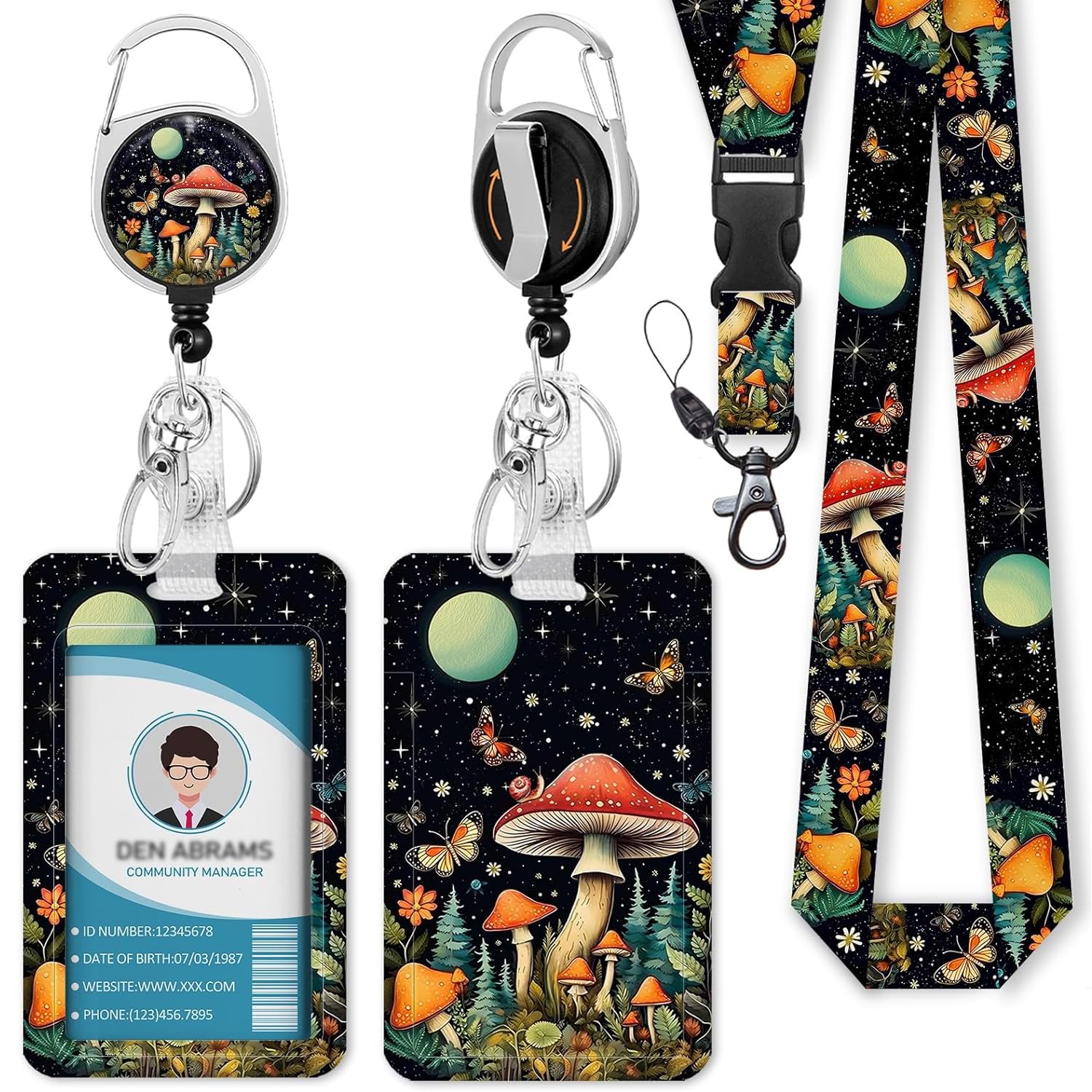 Joyzzz Lanyards for ID Badges, Cute Badge Holder with Retractable Reel Clip, Mushroom Work Name Tag Breakaway Lanyard Vertical ID Card Protector Case for Women Men Gifts Teacher, Student