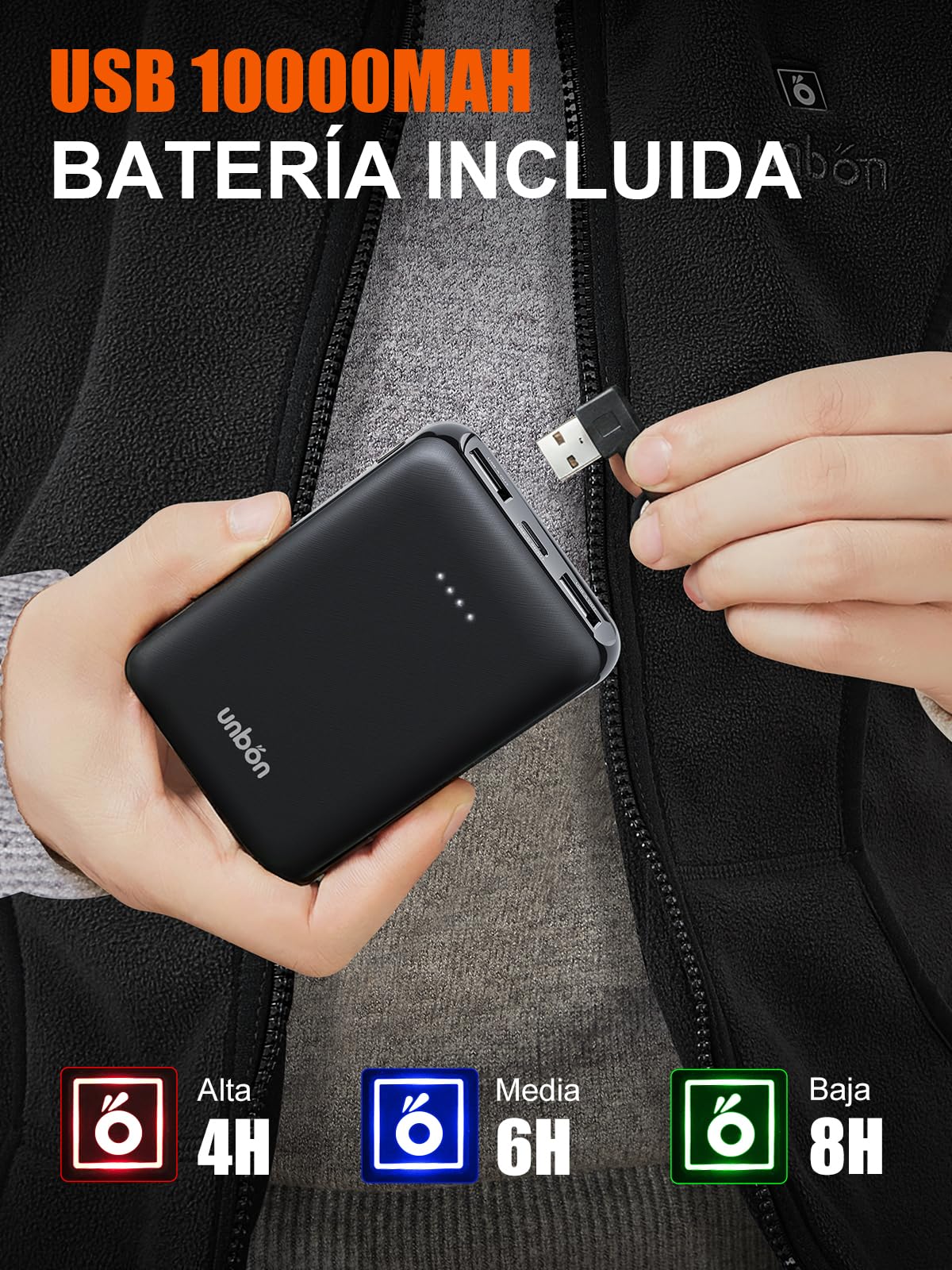 UNBON Chaleco Calefactable Mujer, Chaleco Calefactable Polar con Batería USB 10000mAh, Chaleco Térmico Eléctrico Calefactor con 3 Temperaturas 6 Zonas de Calefacción para Moto Caza Trabajo Negro S