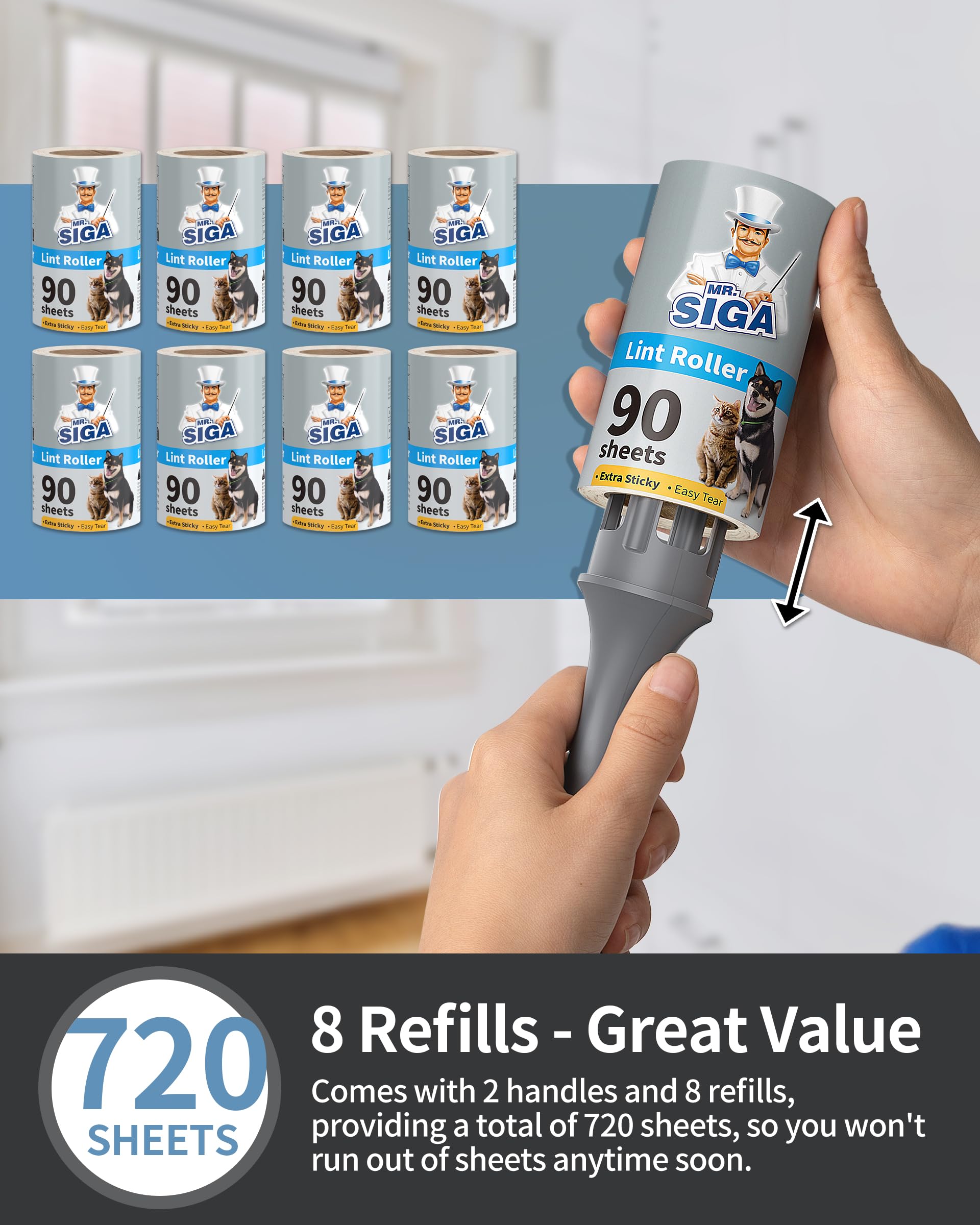 Rullo Levapelucchi MR.SIGA - 450 Fogli Appiccicosi | Per Peli Animali Domestici | Manico Ergonomico - Foto 12