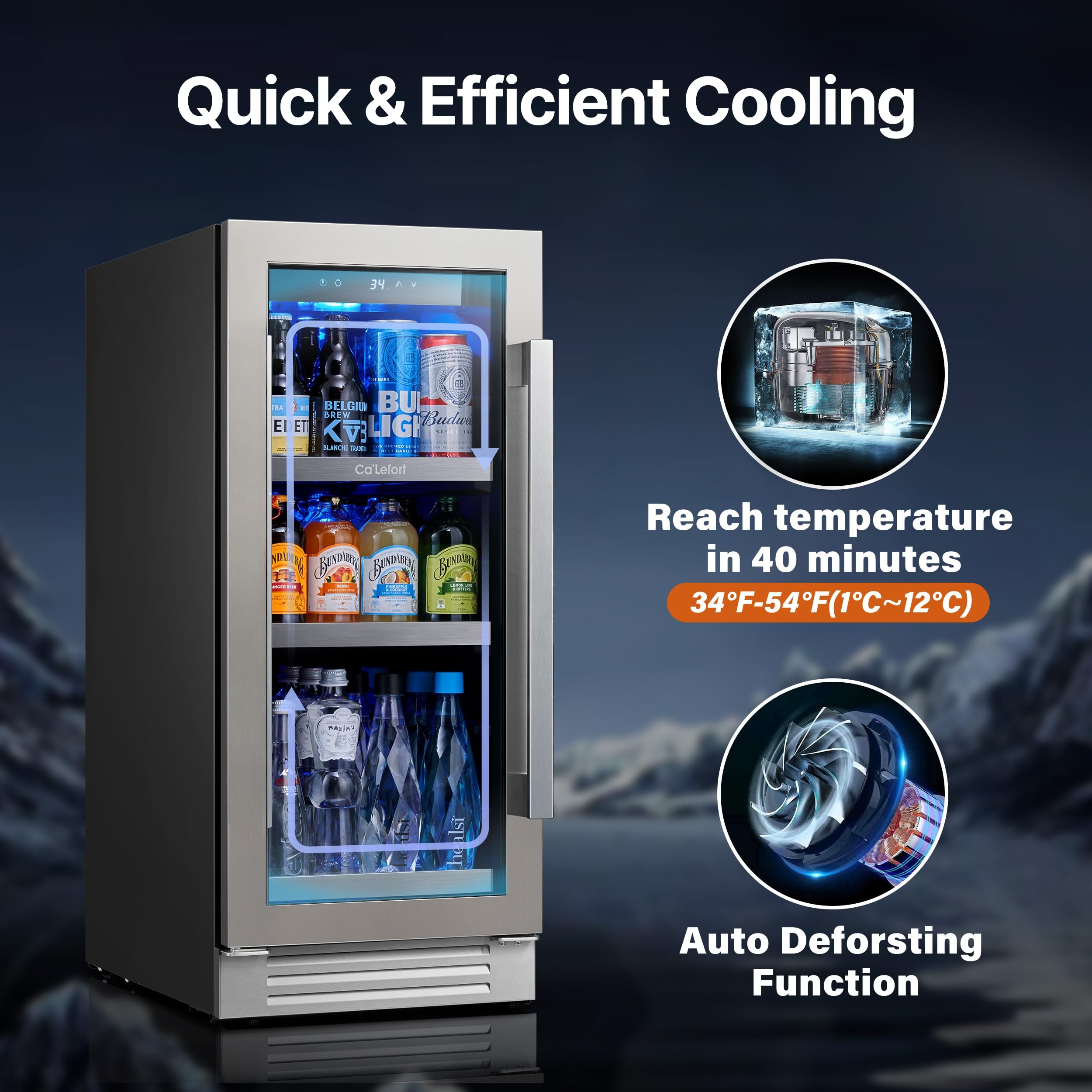 Ca'Lefort Beverage Refrigerator 15 Inch, 100 Cans Mini Fridge With Double Glass Door, Built-In Or Freestanding Drink Cooler With Amber LED Light, Beverage Fridge For Kitchen Bar Office(Left-Hinged) on Fridge.com - View 5