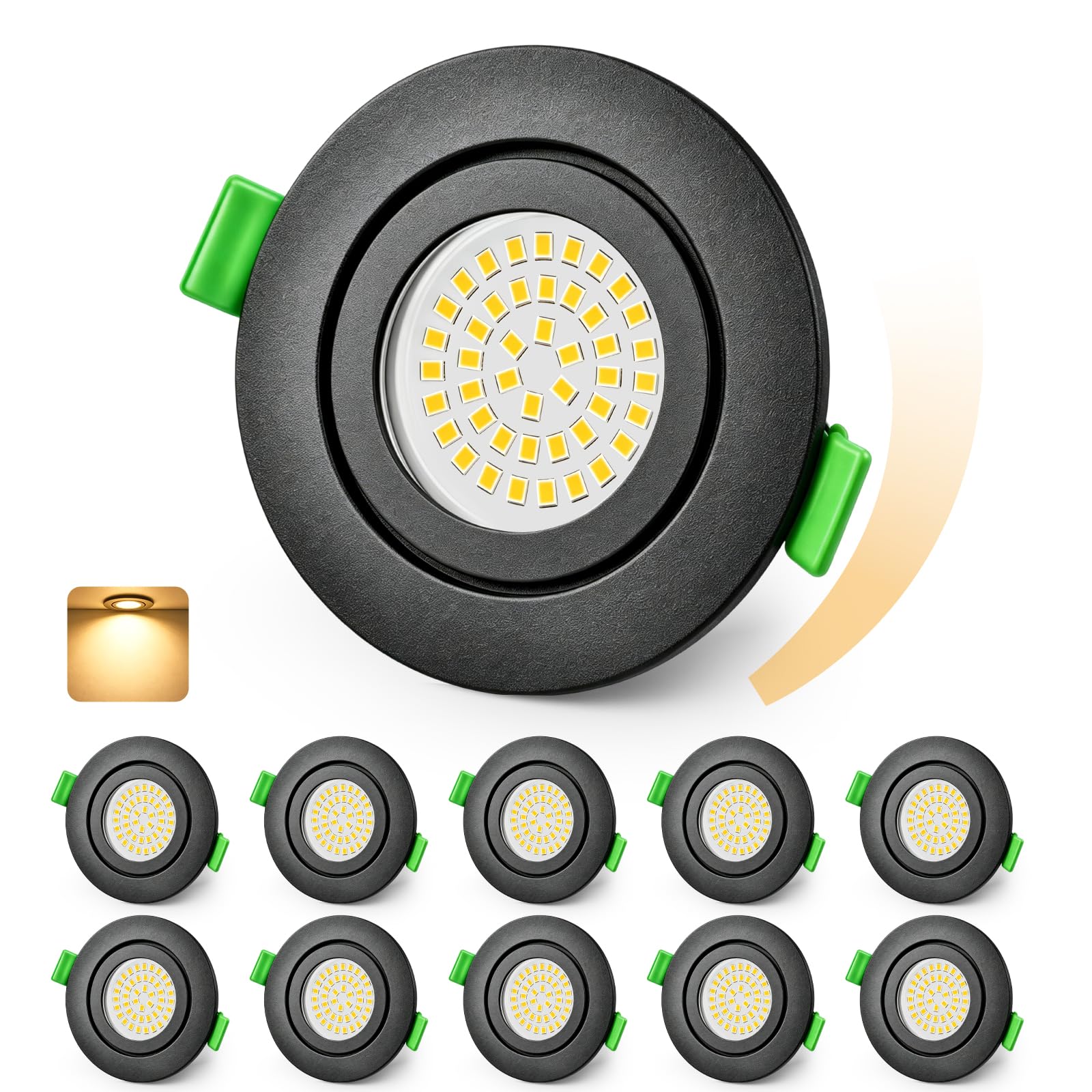 KYOTECH LED Einbaustrahler 230V Dimmbar 26mm Ultra Flach Einbauleuchten IP65 5W 550LM 2700K Warmweiß Einbauspots Nicht Drehbar, Deckenspots für Badezimmer Küche Wohnzimmer Flur Schwarz 10er Set