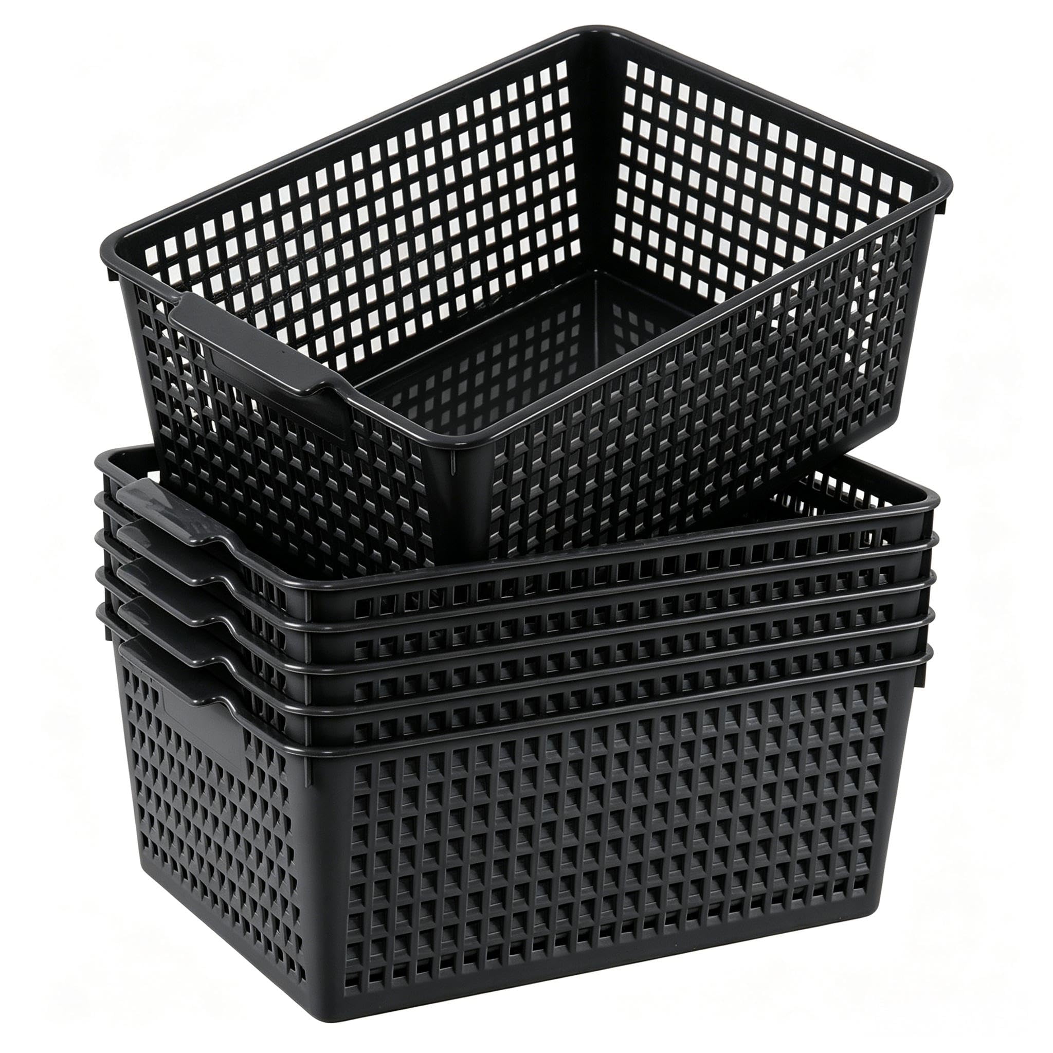 Juego de 6 cestas de almacenamiento tejidas de plástico, cestas de almacenamiento negras para armario de cocina