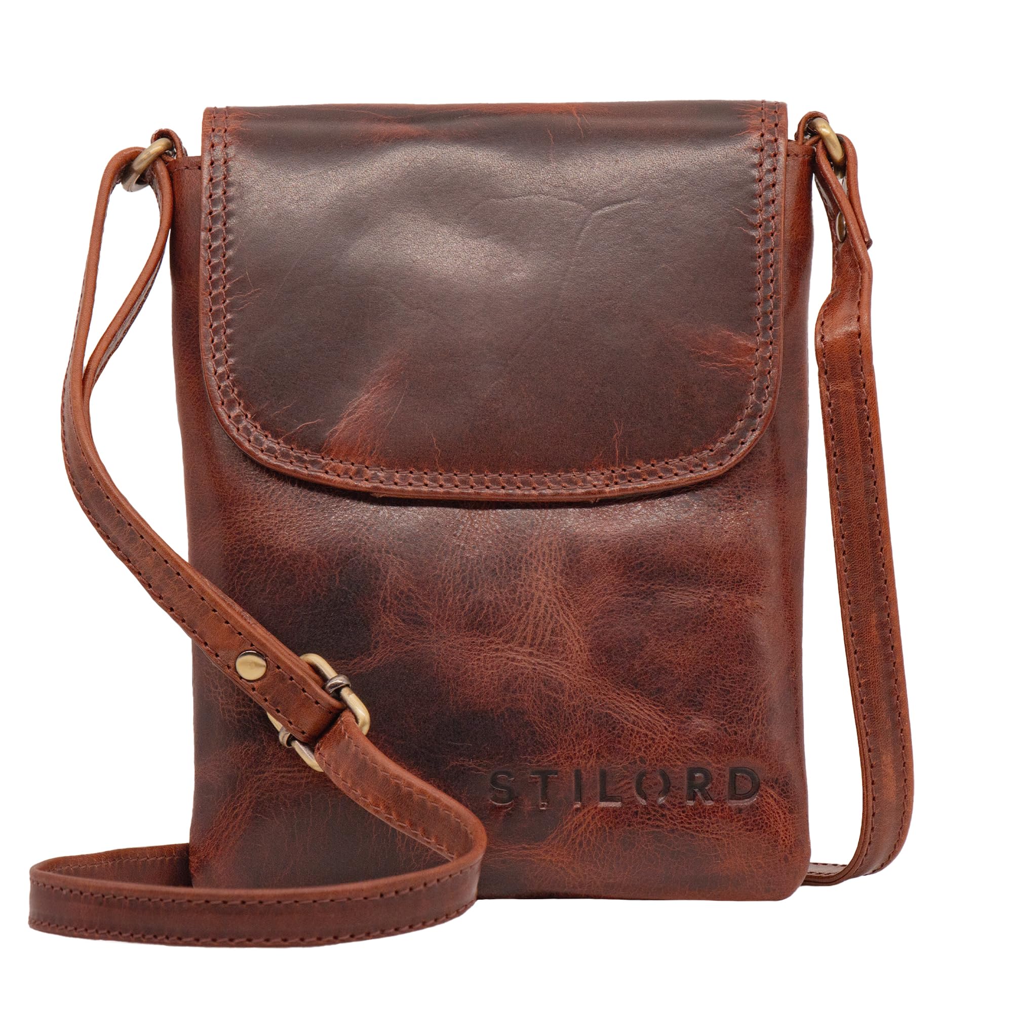 STILORD Ellis Bolsa de Teléfono Móvil de Cuero Bolso Bandolera Crossbody Pequeño Monedero de Cartera Cruzada Estilo Vintage de Piel Auténtica Color:Texas - marrón
