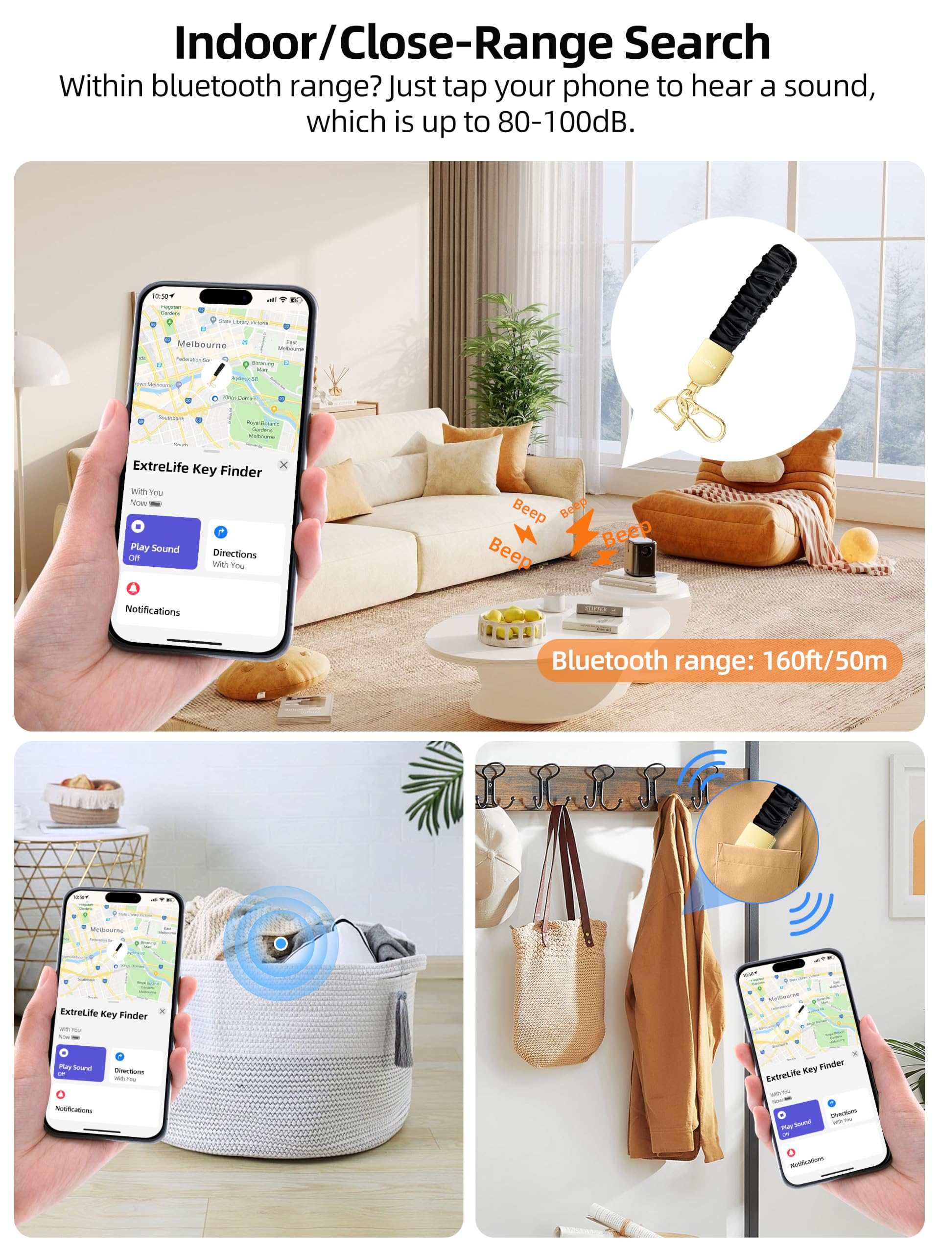 Portachiavi da polso, funziona con Apple Find My, elastico elastico per donne e uomini, portachiavi per auto con localizzatore GPS, cercatore di chiavi intelligenti, ricaricabile, nero e oro