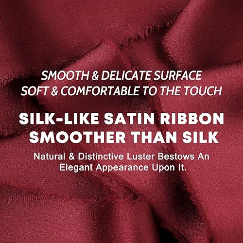 Miniatura 10 de Cinta de seda color rojo oscuro burdeos de 1-12 pulgadas x 21 yardas, cinta de tela deshilachada de gasa sedosa hecha a mano para envoltura de