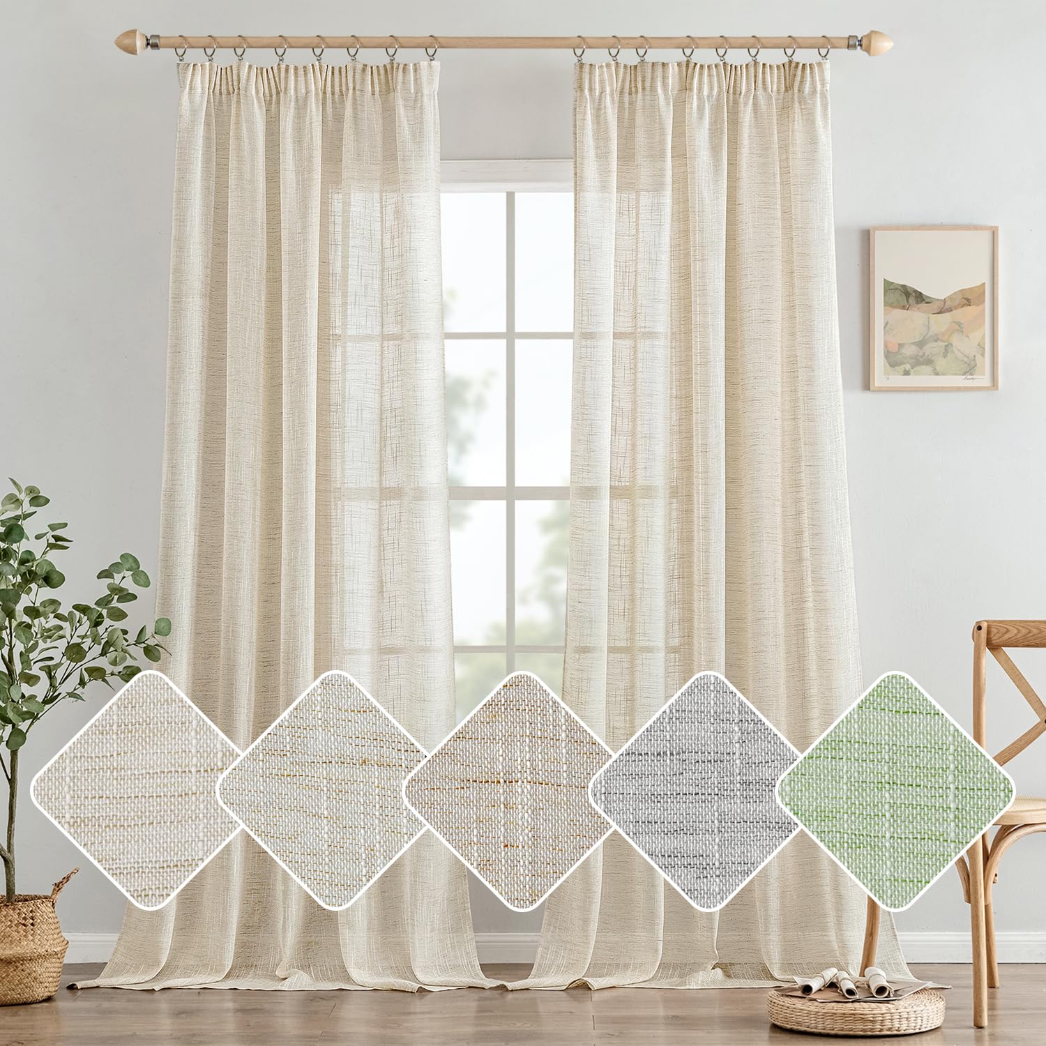 Woaboy Cortinas de Lino Dormitorio Visillo Semitransparente para Ventana Modernas con Ganchos de Riel para Salón Habitación 2 Piezas 140x225cm Blanco