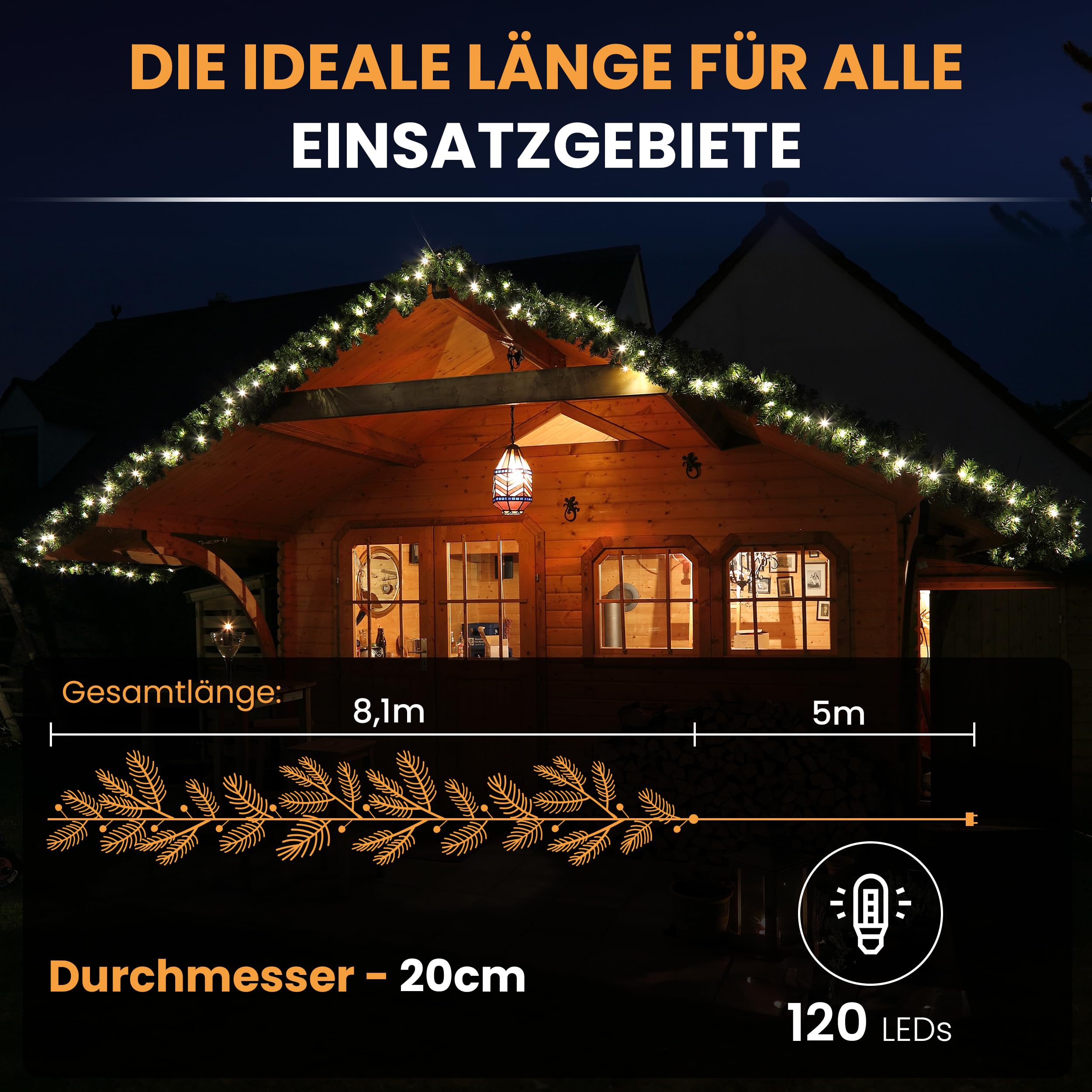 Gartenpirat Künstliche Tannengirlande Türgirlande beleuchtet 8,1 m 120 LED warmweiß Timer-Funktion Weihnachtsdeko