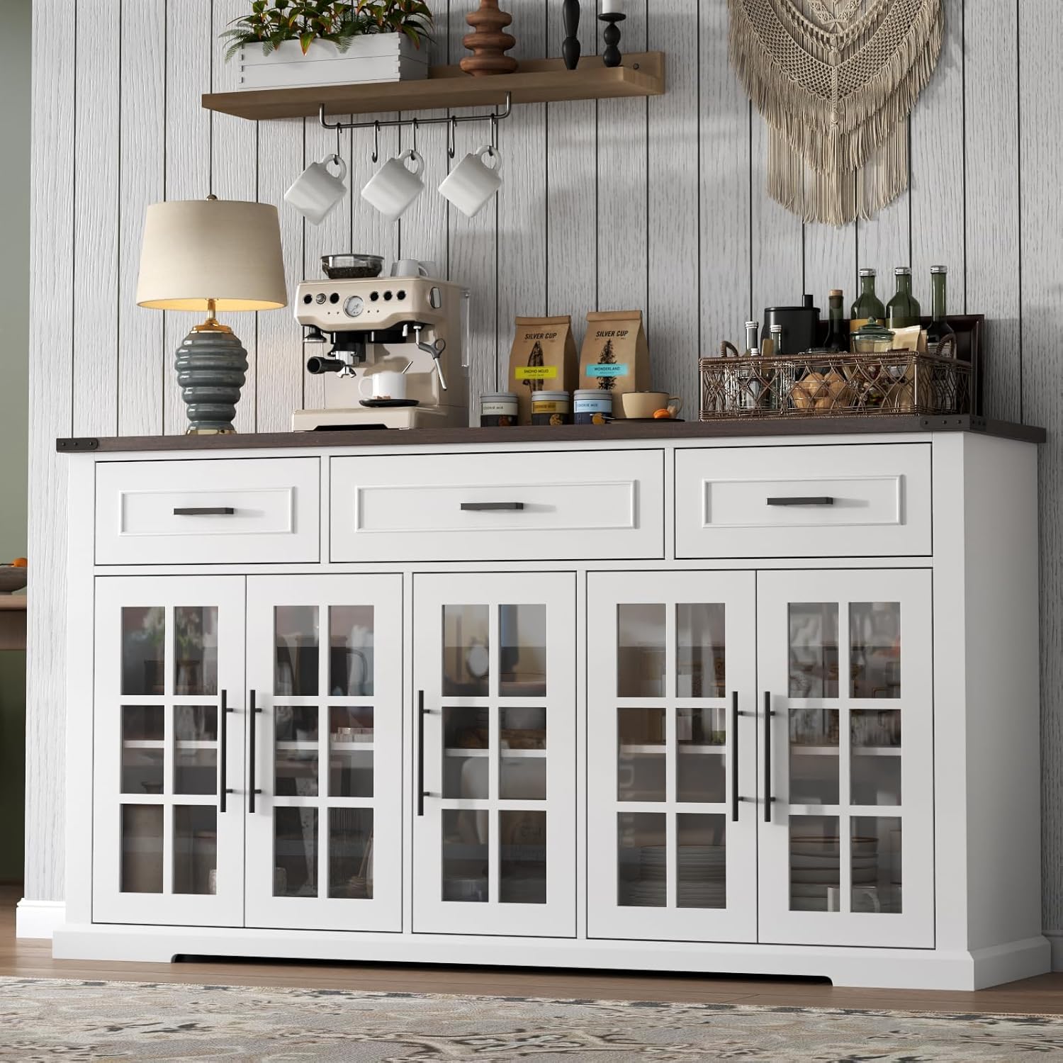 Gyfimoie 63" Sideboard Buffet Cabinet with Glass Doors, Farmhouse Large Buffet Table with 3 Storage Drawers, Modern Coffee Bar Wine Bar Cabinet with Adjustable Shelves for Kitchen, Dining Room, White
