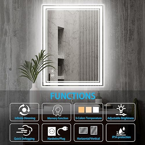 Miniatura 2 de Espejo LED de baño de 24 x 32 pulgadas, antiempañante, regulable, 3 colores, espejo LED frontal y retroiluminado para baño, espejo iluminado para