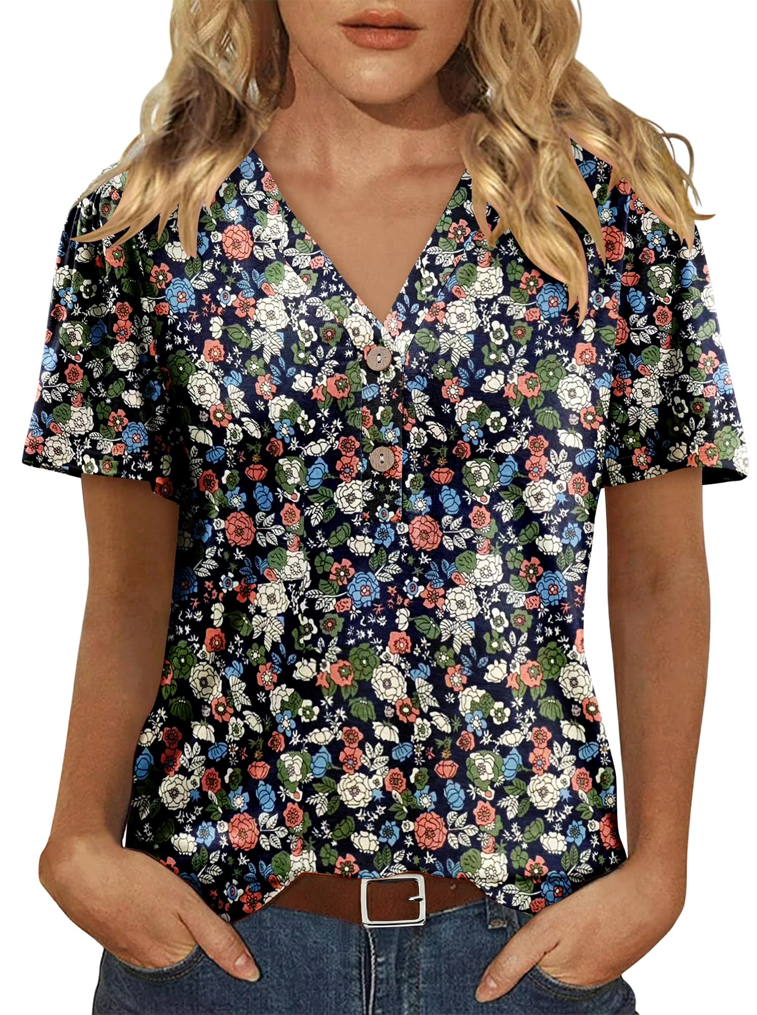 Photo 1 of BETTE BOUTIK Women's Summer Shirts Oversized Boho Short Sleeve Tunic Tops Trendy Casual Loose Flowy Floral Blouses Plus Size Cute Work Tees Army Green 3X