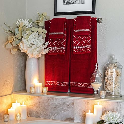Miniatura 2 de Sparkles Home Juego de 3 toallas de diamantes de imitación con diseño X, toallas absorbentes suaves de alta calidad para baño, color rojo