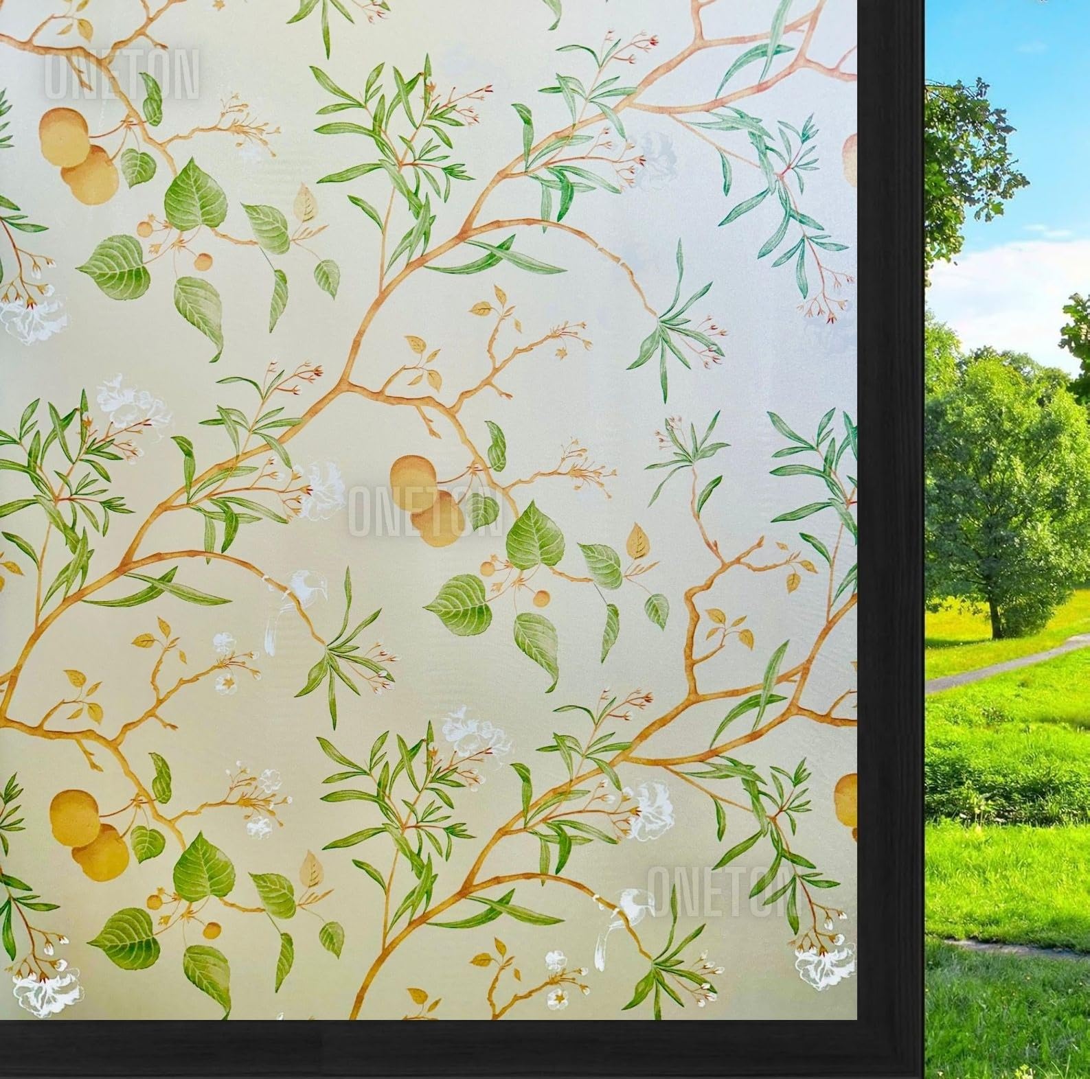 ONETON Premium Frosted Glass Window Film Self Adheisve Decoartive Window Privacy Sheet Film UV Control Static Cling Removable Vinyl Frosted Privacy Film Tree Window Film 12x80 Inch