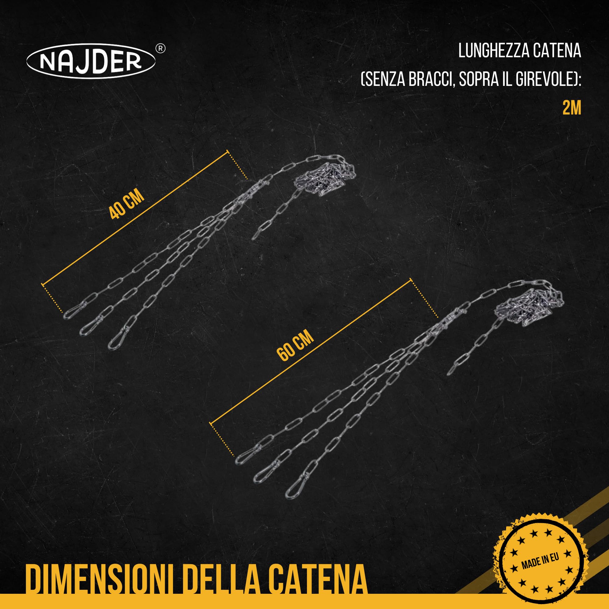 NAJDER Set griglia Rotonda in Acciaio Inox Ø600 mm con Catena sospesa Ø3 mm, Griglia per Barbecue Rotonda Girevole con Set Catena, Girevole e moschettone, per Barbecue sospeso