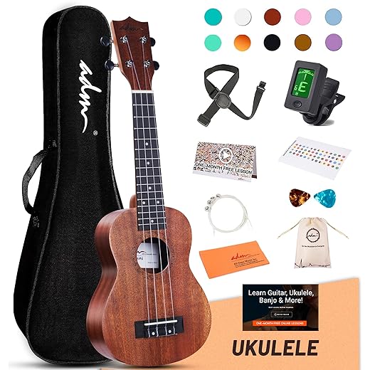 ADM Ukulele for Beginners Hawaiian Wood Ukelele Kit for Kids Adult Student Starter Professional Ukalelee Pack Bundle with Free Lessons Gig Bag Strap Nylon String Tuner (Brown-Sapele, 21 Inch)