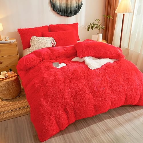 Miniatura 39 de Juego de funda de edredón rosa esponjosa tamaño Queen – Juego de ropa de cama de felpa de pelo sintético rosa de 3 piezas