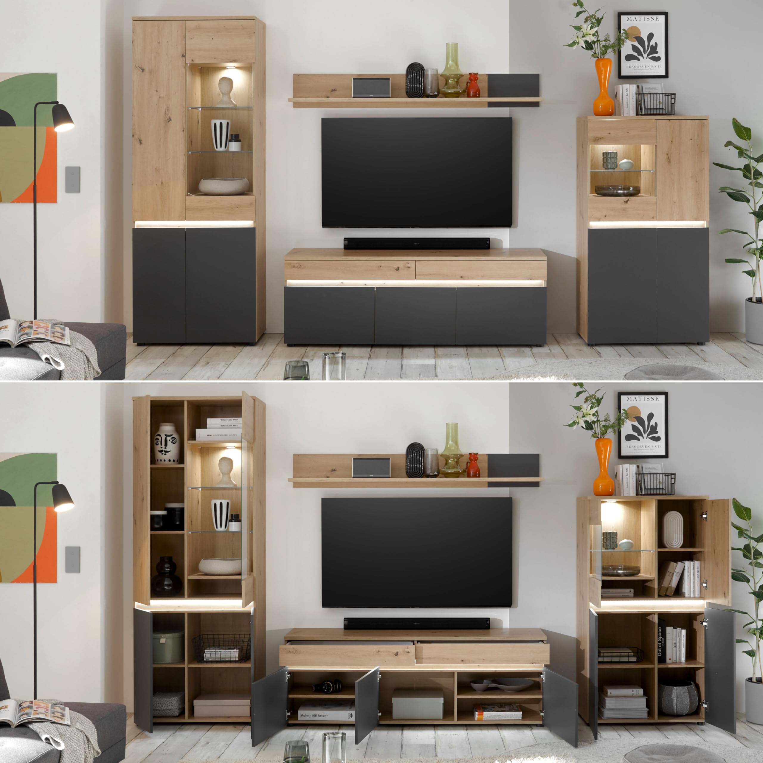 DEINE TANTE EMMA 45-841-U2 Lille Highboard - Cómoda con iluminación (Roble Artificial, 75 x 140 x 38 cm)