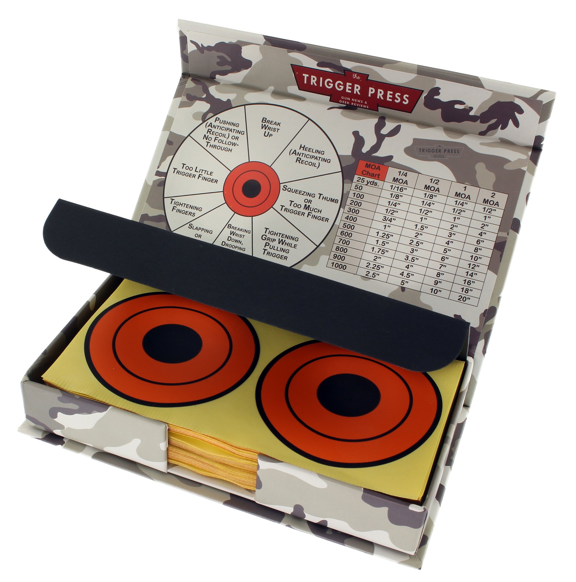 Trigger Press 220 Flat Pack 3 Inch Adhesive - Shooting Target Stickers - Blaze Orange - MOA Accurate - Protective Case with Accuracy Charts
