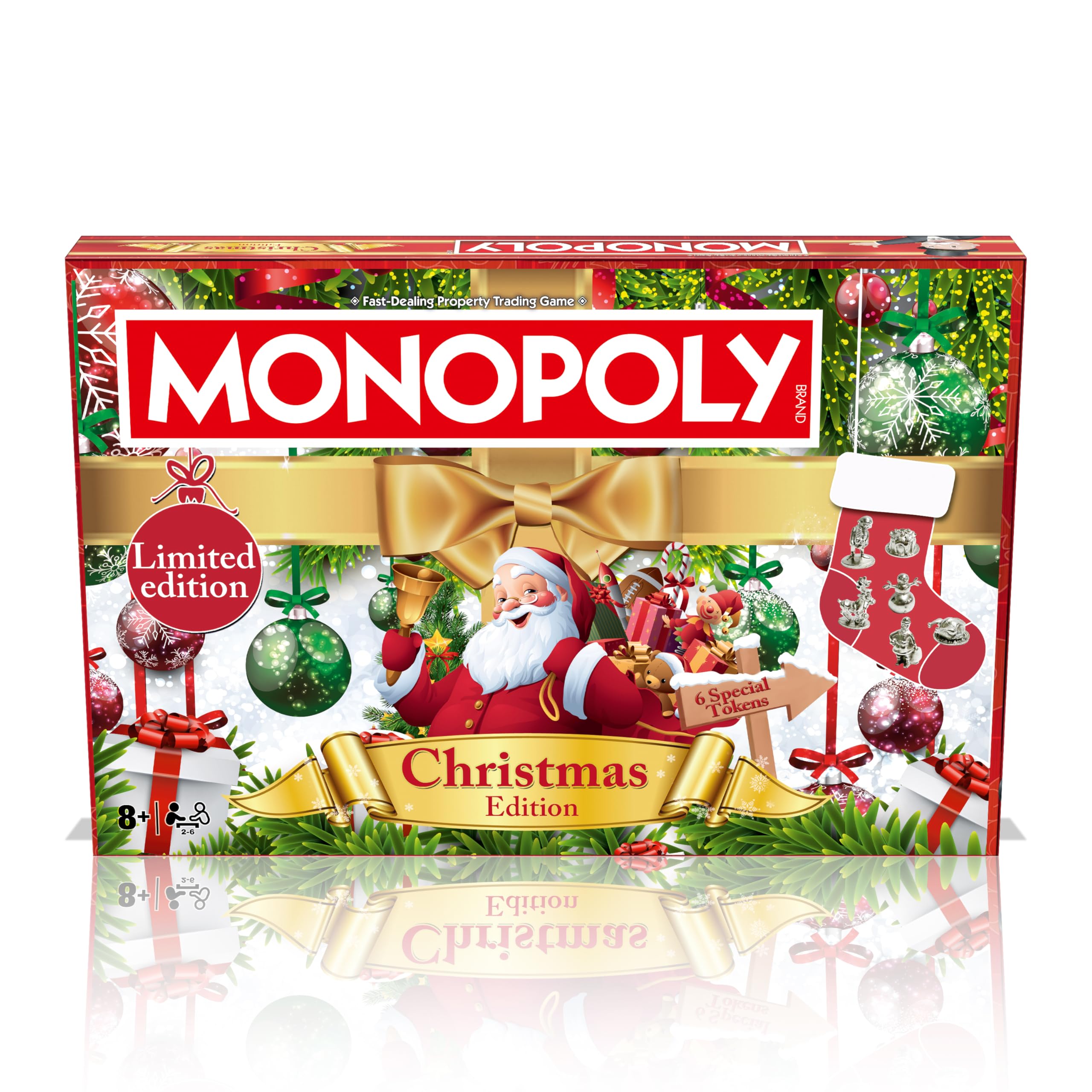Winning Moves Świąteczna gra planszowa Monopoly, graj jako Rudolf, bałwan lub Mikołaj i zamień swoją drogę do sukcesu, idealna dekoracja bożonarodzeniowa przy drzewie, dla dzieci w wieku od 8 lat