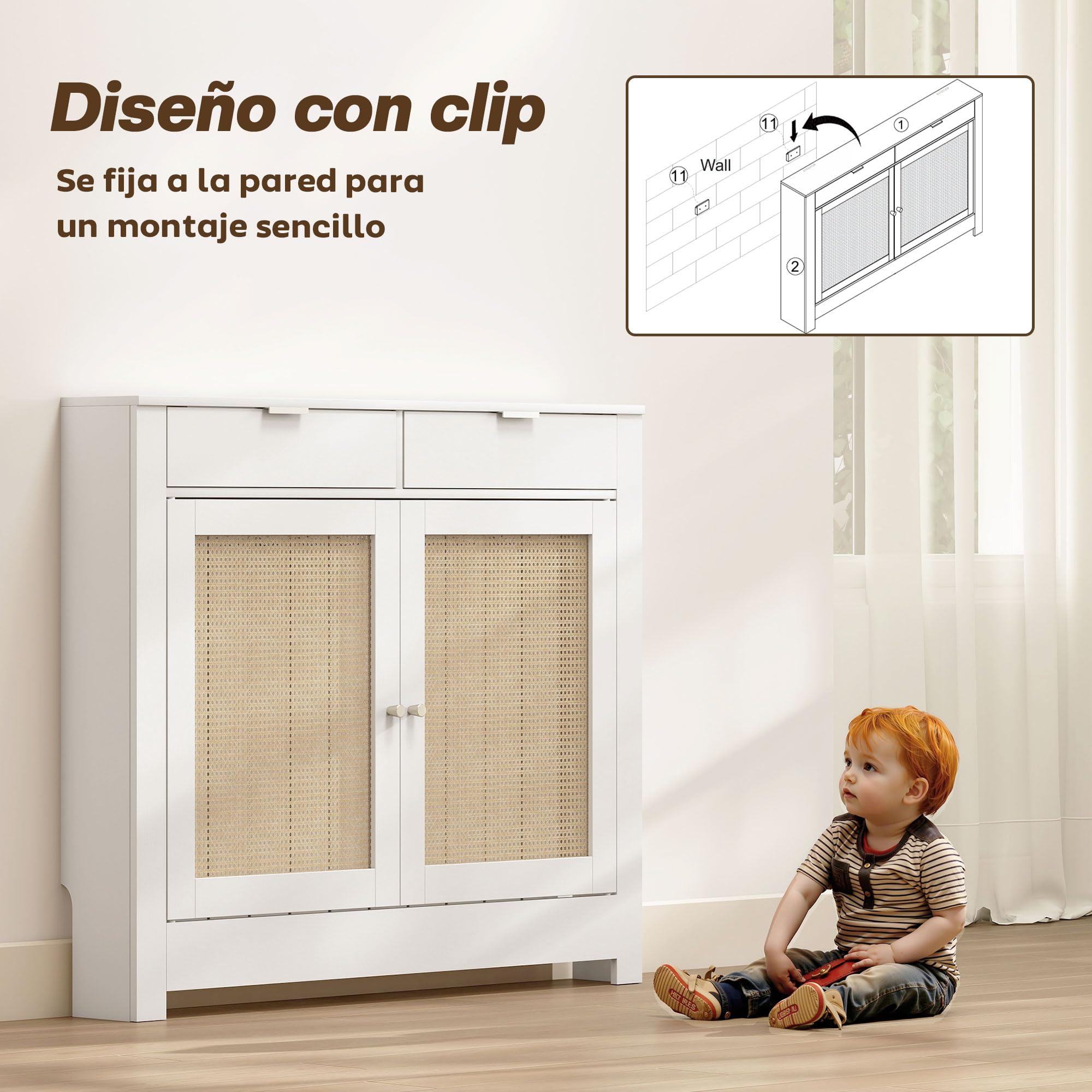 HOMCOM Cubre Radiadores con Puerta Abatible y Ratán 111x19x95,5 cm Blanco | Cubreradiador de MDF, Cubierta para Radiador, Compartimento, Diseño Bohemio, para Salón, Dormitorio