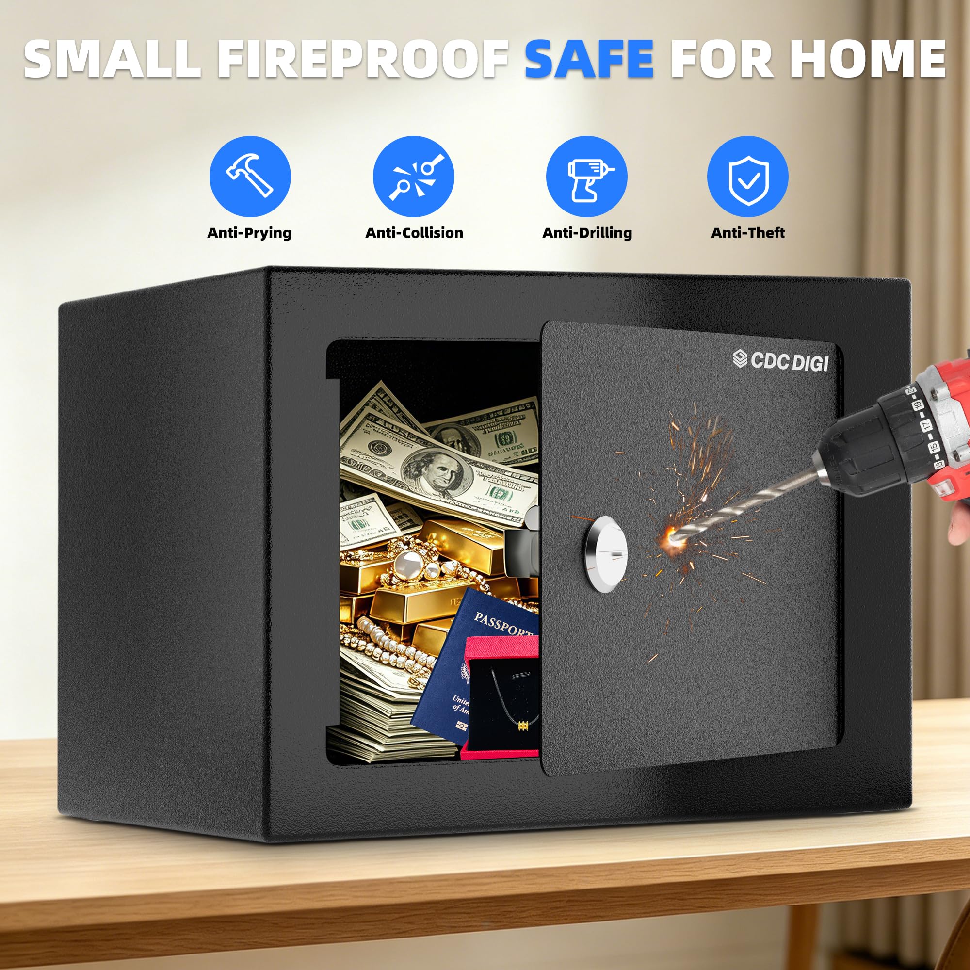CDC DIGI Cassetta di sicurezza in acciaio con serratura a chiave, cassetta di sicurezza per casa, ufficio, denaro, gioielli, documenti e oggetti di valore, 0,23 cm di larghezza x 17 cm di profondità x