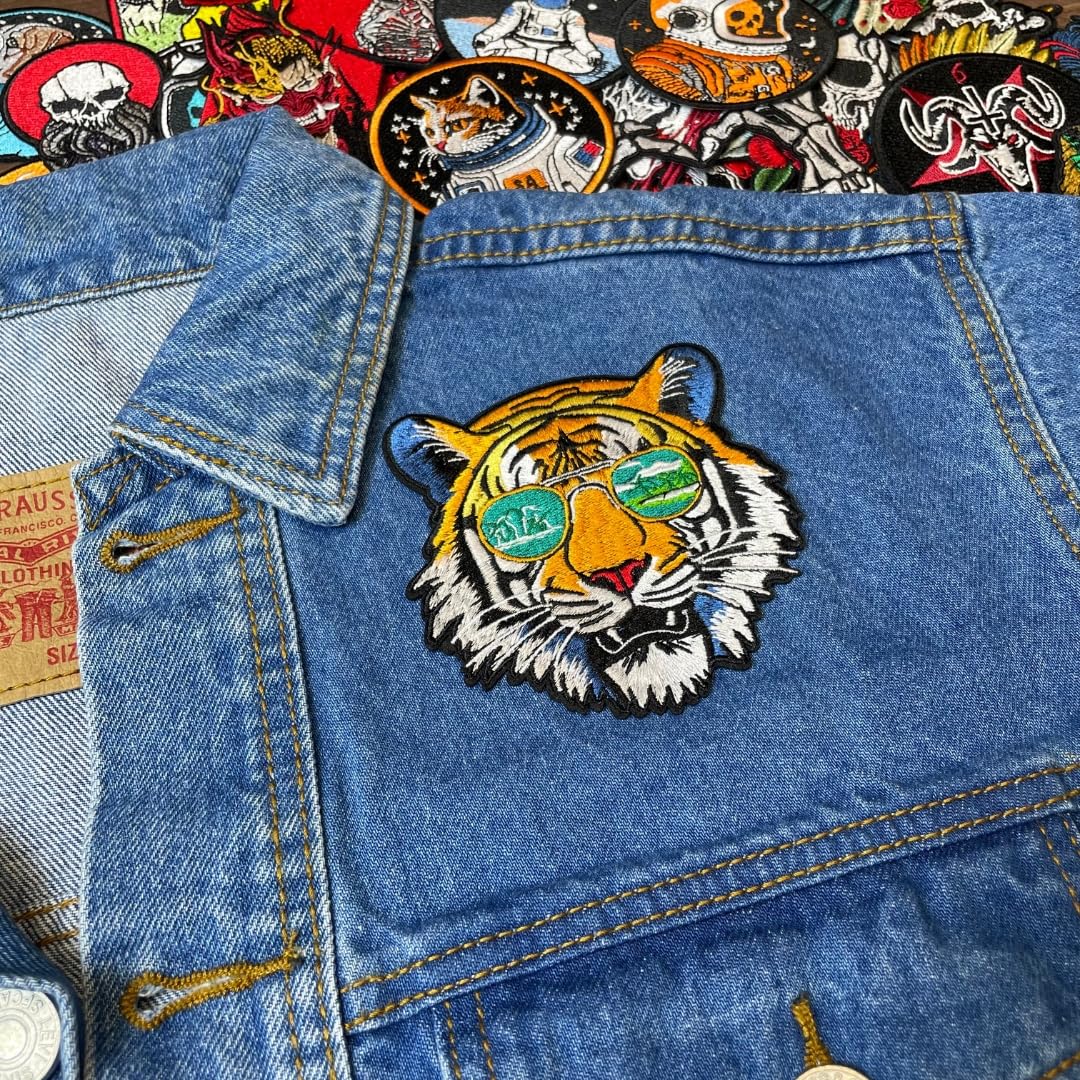 The Sunglasses Tiger Patch - Parche de tigre colorido para planchar de 4 pulgadas, parches bordados de tigre grande para chaquetas