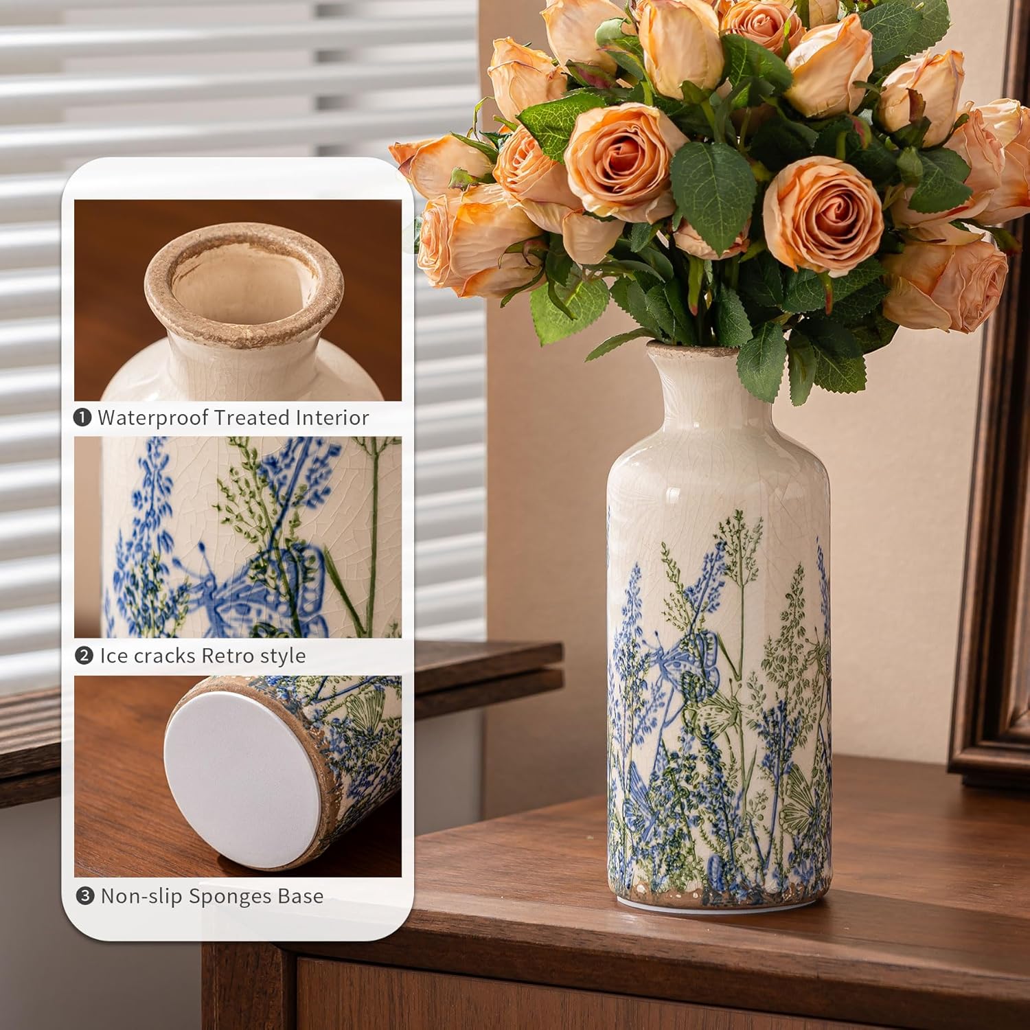 Ceramic Vase Set of 3, Vintage Blue Floral Beige Vases, Rustic Chinoiserie Decorative Vases for Wedding Decor, Wedding Gifts, Farmhouse Floral Vase for Home Decor, Living Room, Kitchen, Shelf Decor - Image 4