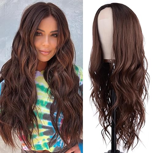 Peluca de onda larga marrón degradado para mujer, 26 pulgadas, parte media, peluca larga y rizada resistente al calor, cabello sintético de aspecto