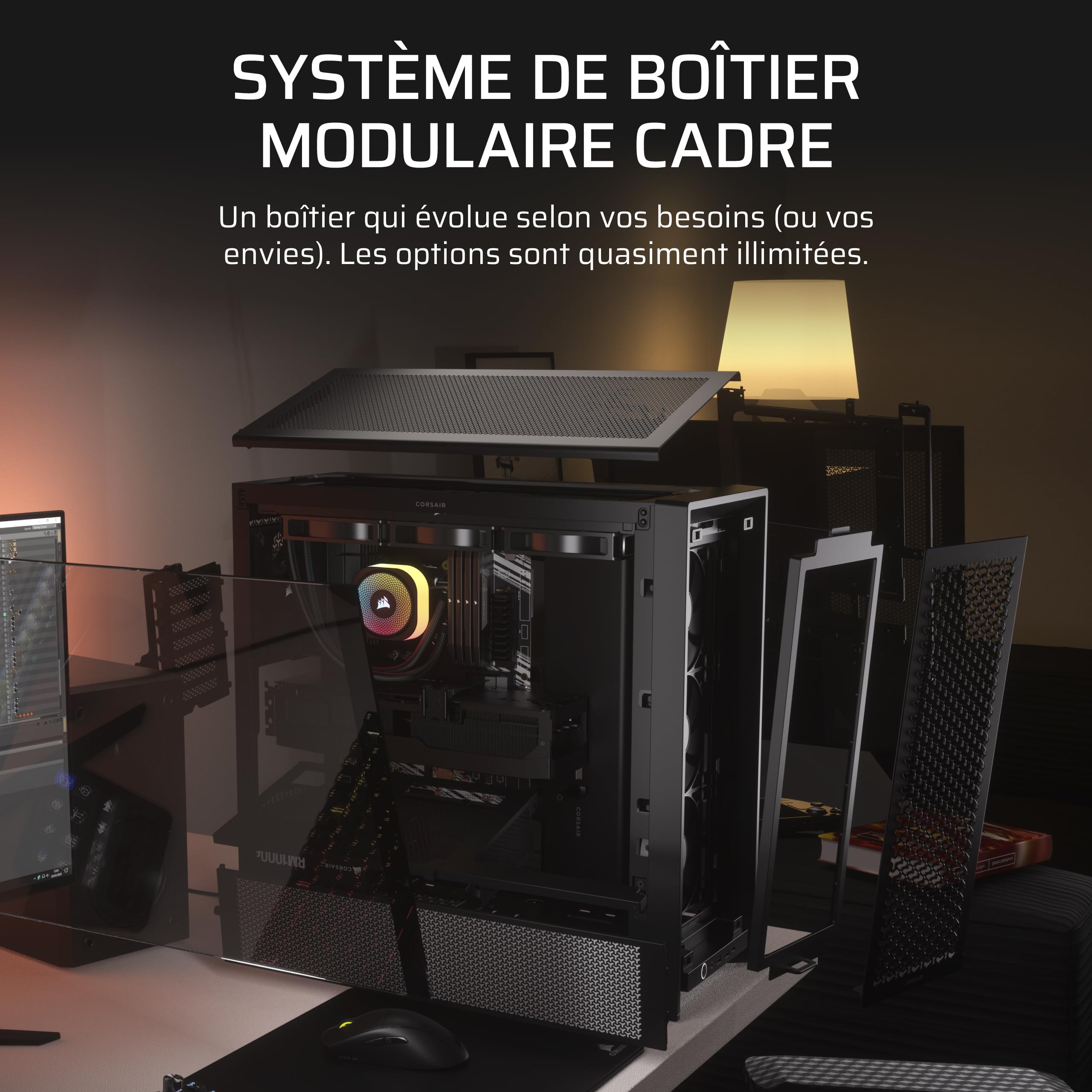 CORSAIR Frame 4000D RS Boîtier Modulaire PC De Taille Moyenne – 3X Ventilateurs RS, Système De Supports Infinirail, Convient Plusieurs Radiateurs 360mm, Compatible avec Cartes Mères Inversée – Noir