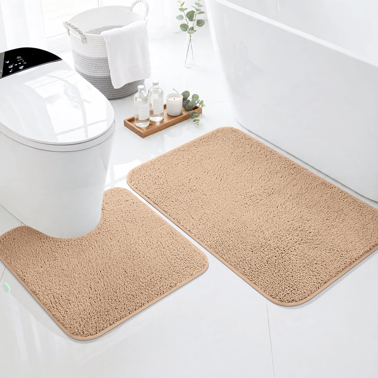 LUSCHEER 2 Piece Bath Mat Set, Shaggy Microfiber Bathroom Mats, Camel
